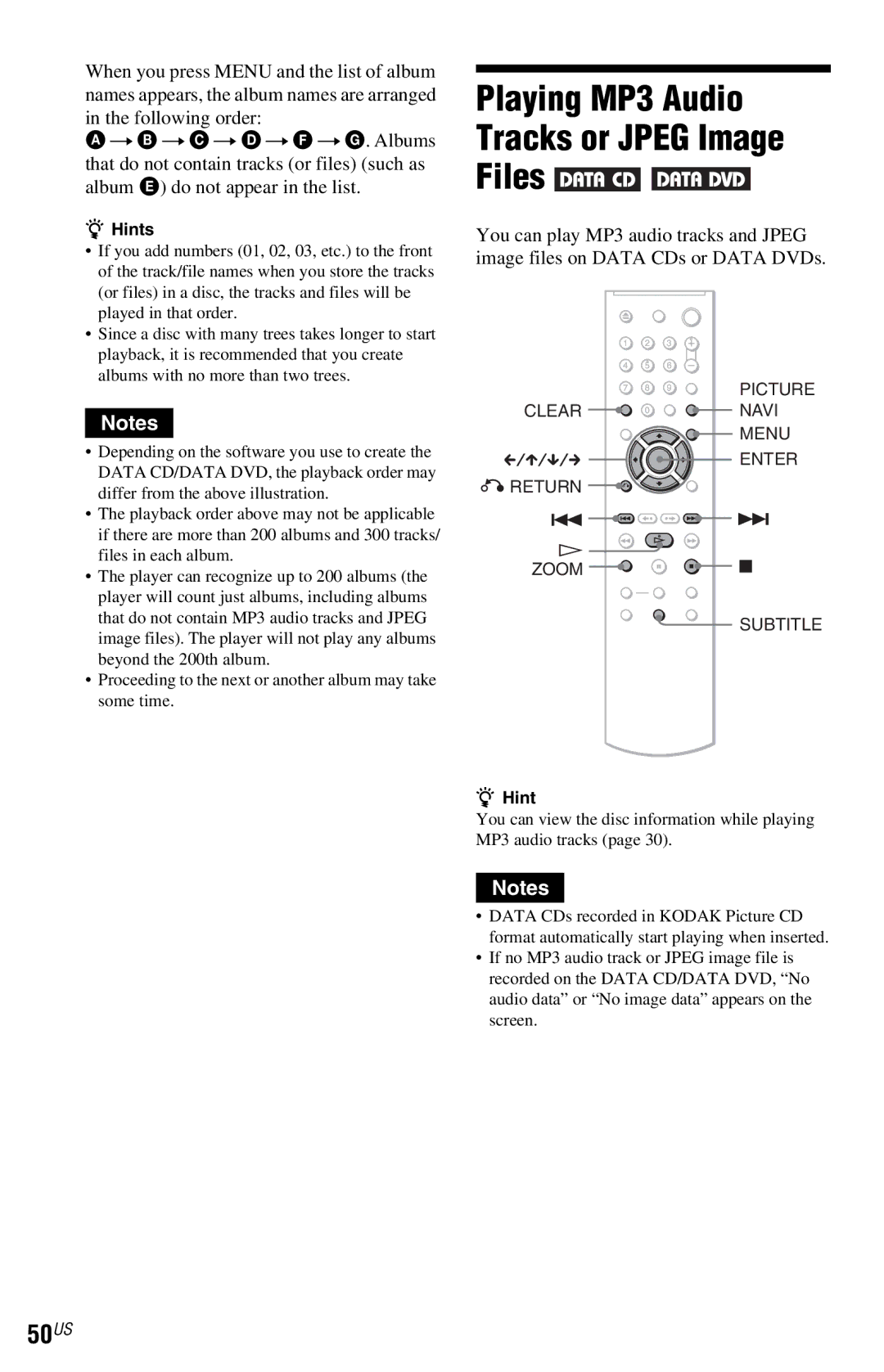 Sony DVP-NS77H operating instructions Playing MP3 Audio Tracks or Jpeg Image Files, 50US 