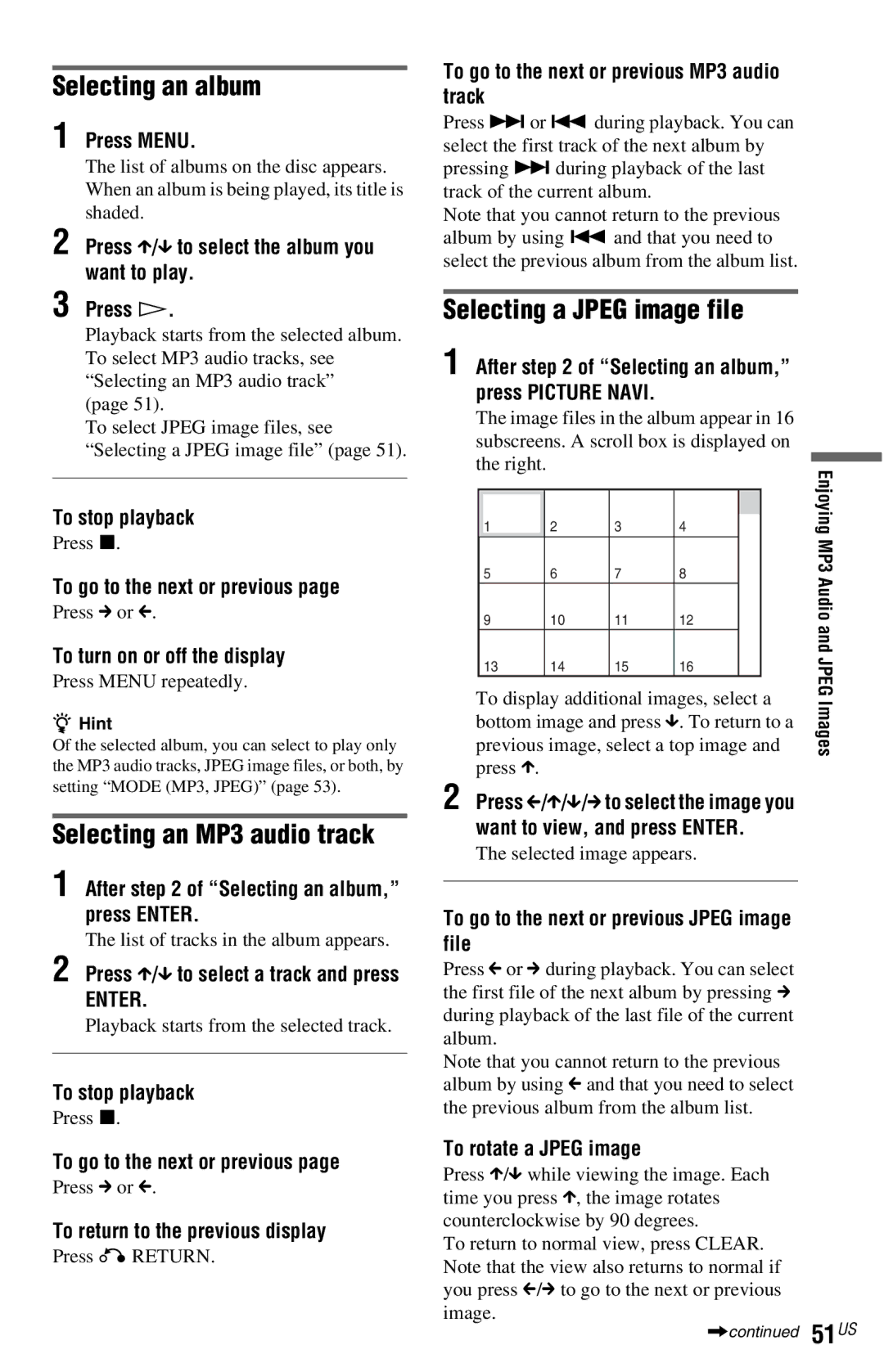 Sony DVP-NS77H operating instructions Selecting an album, Selecting an MP3 audio track, Selecting a Jpeg image file 