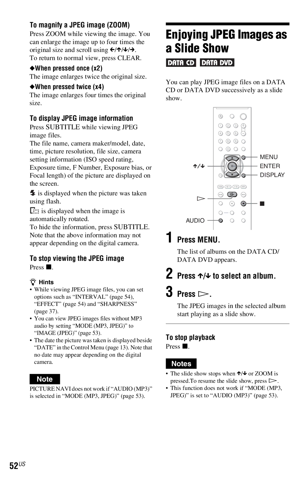 Sony DVP-NS77H operating instructions 52US, Press Menu, Press X/x to select an album Press H 