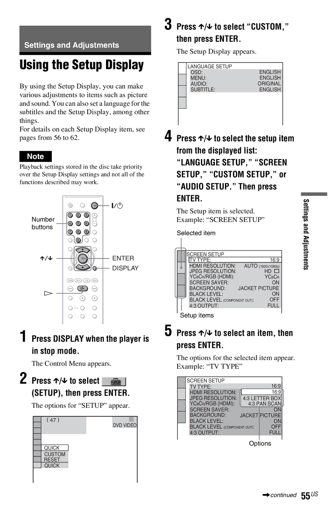 Sony DVP-NS77H operating instructions Using the Setup Display, Press X/x to select the setup item from the displayed list 