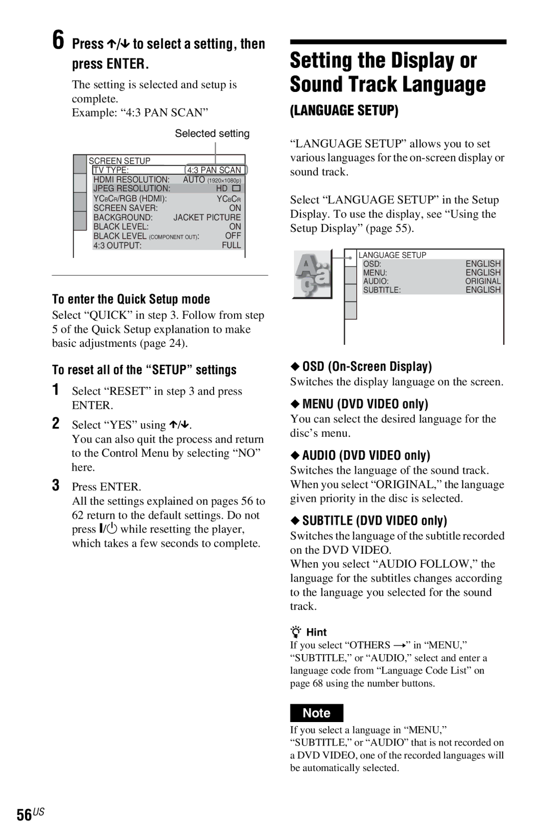 Sony DVP-NS77H operating instructions 56US, Press X/x to select a setting, then press Enter 