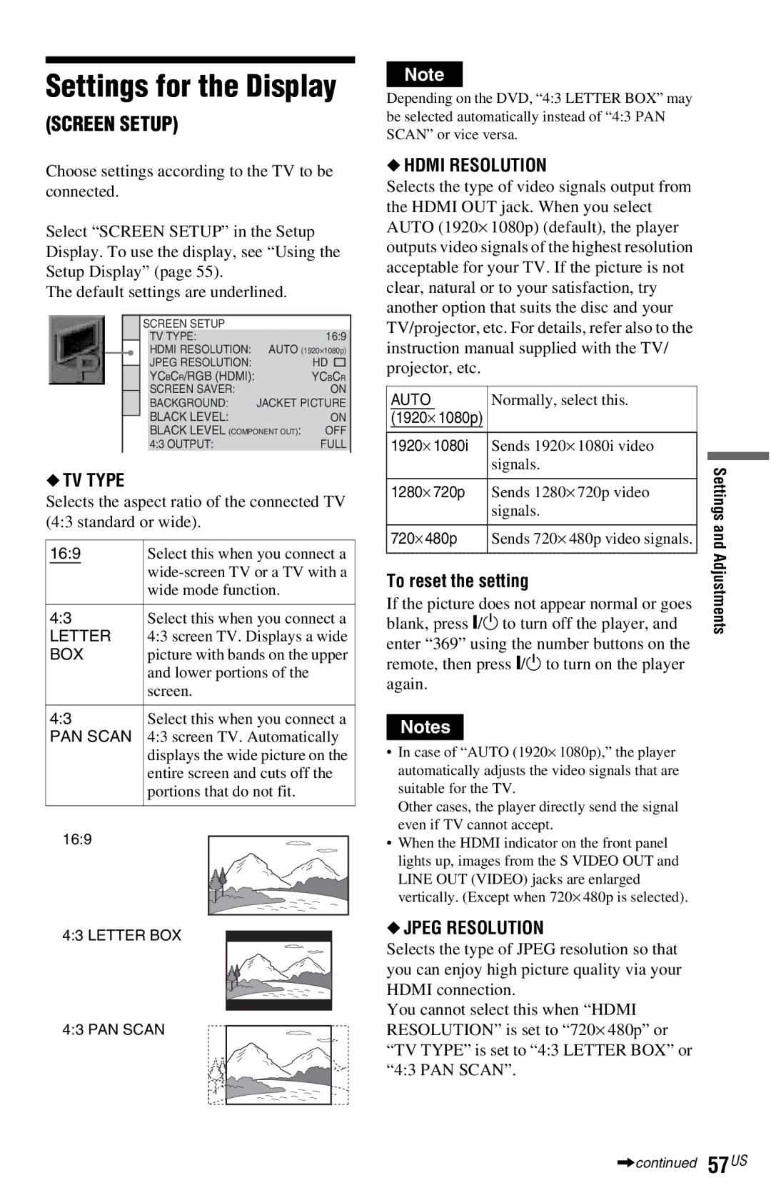 Sony DVP-NS77H Settings for the Display, TV Type, Hdmi Resolution, To reset the setting, Jpeg Resolution 