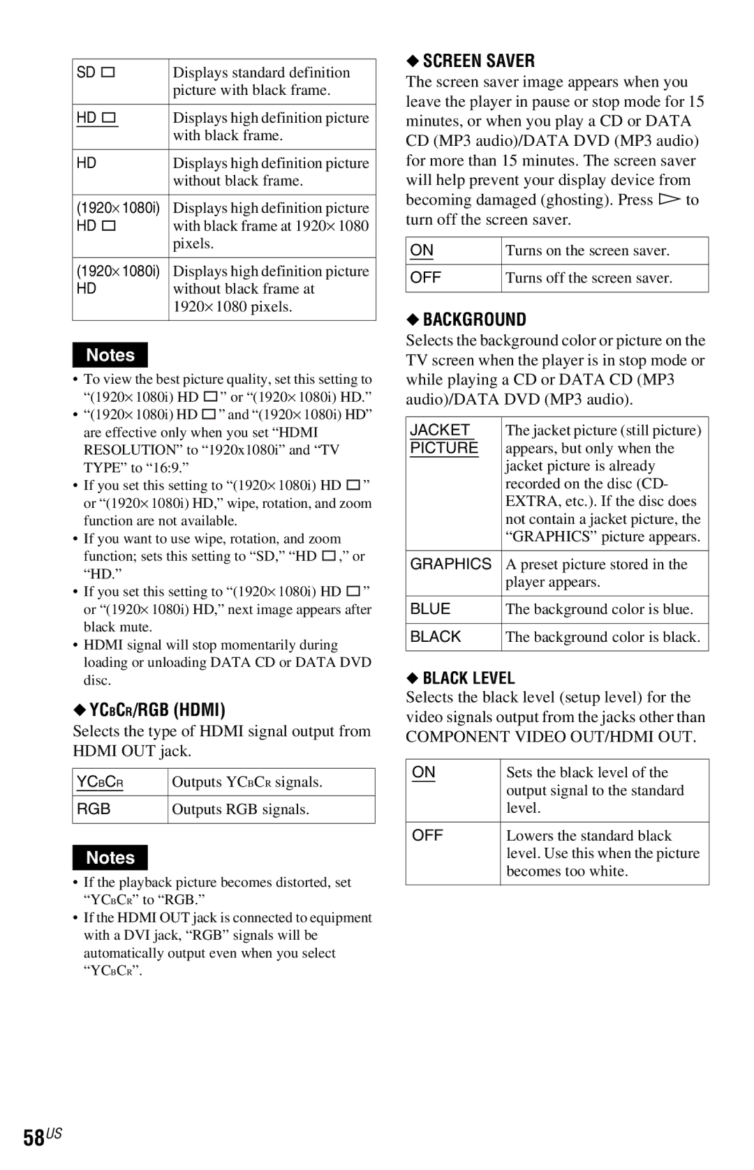 Sony DVP-NS77H operating instructions 58US, YCBCR/RGB Hdmi, Screen Saver, Background 