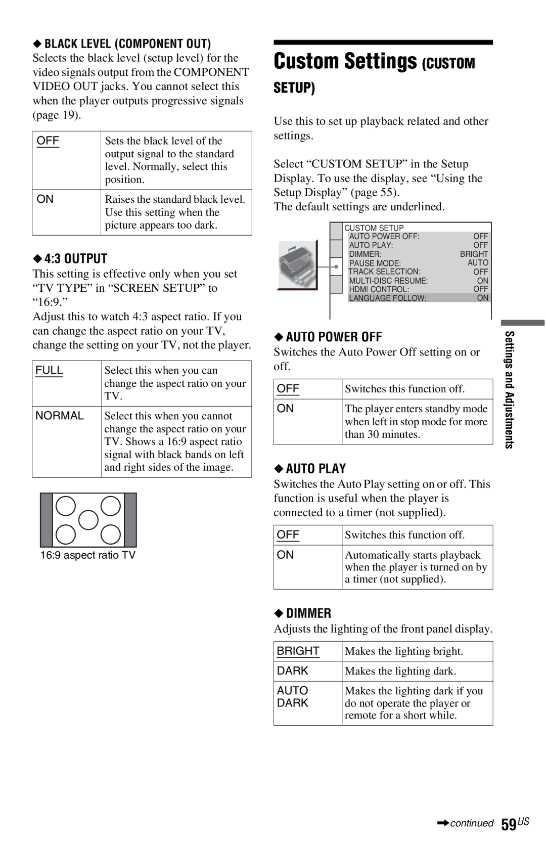 Sony DVP-NS77H operating instructions Output, Auto Power OFF, Auto Play, Dimmer 