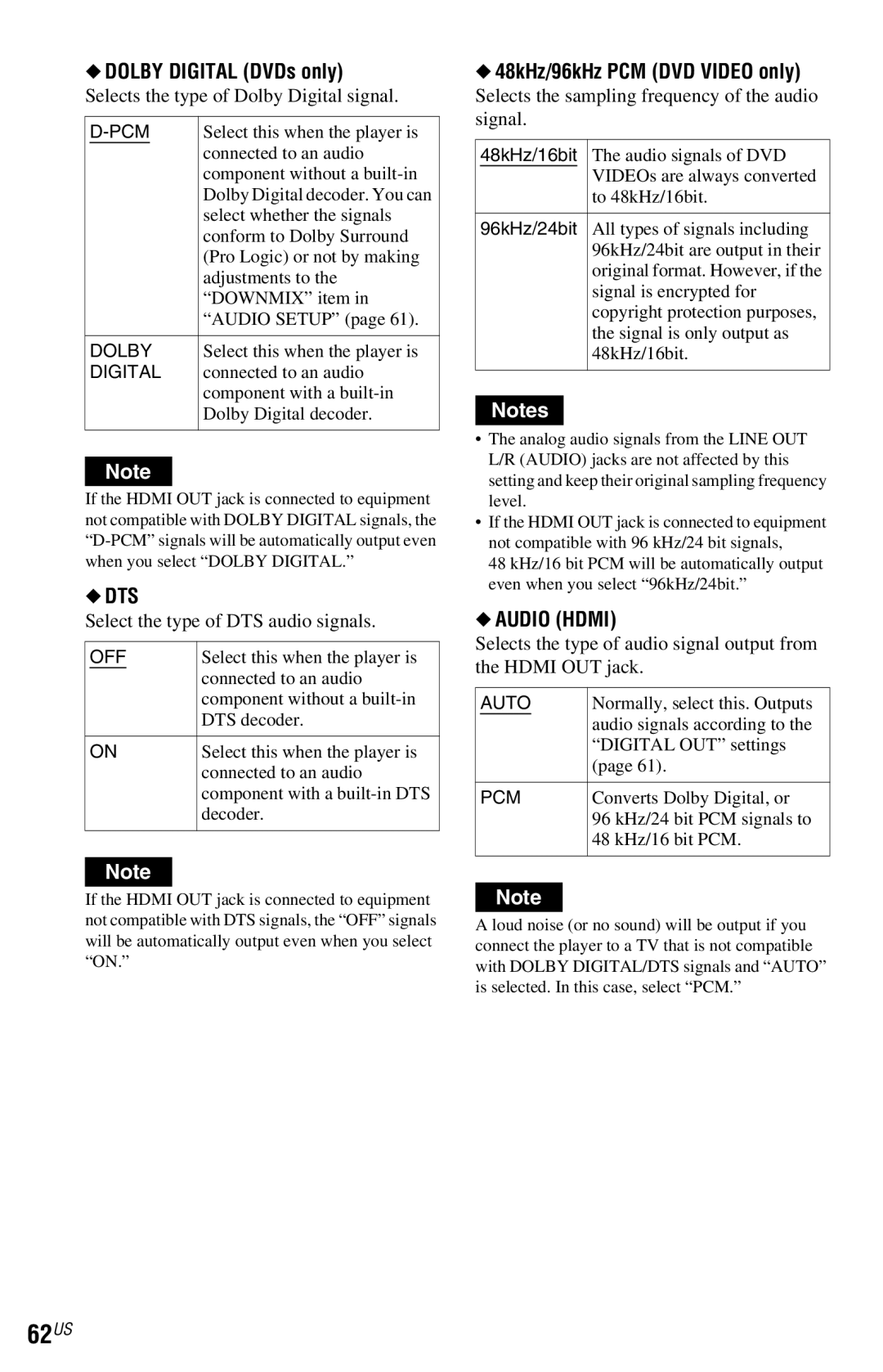 Sony DVP-NS77H operating instructions 62US, Dolby Digital DVDs only, Dts, 48kHz/96kHz PCM DVD Video only, Audio Hdmi 