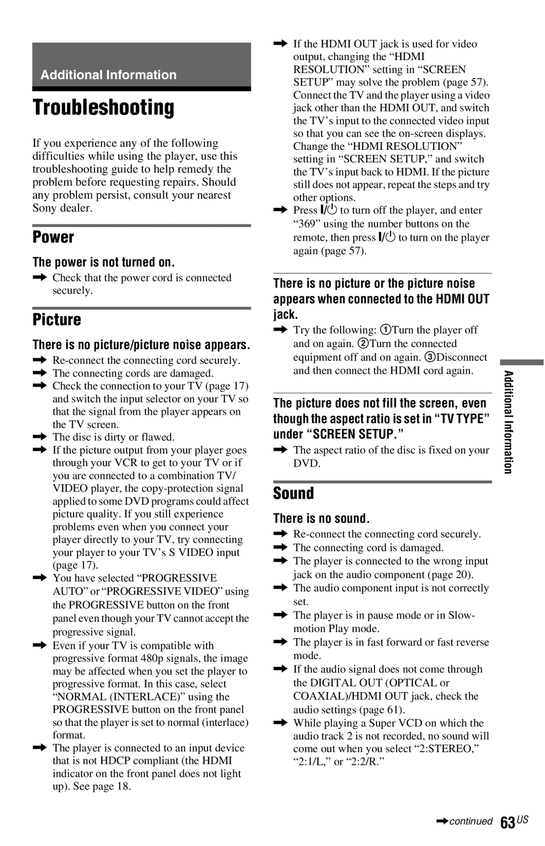 Sony DVP-NS77H operating instructions Troubleshooting, Power, Picture, Sound 