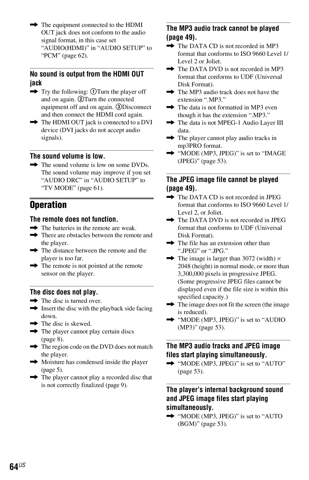 Sony DVP-NS77H operating instructions Operation, 64US 