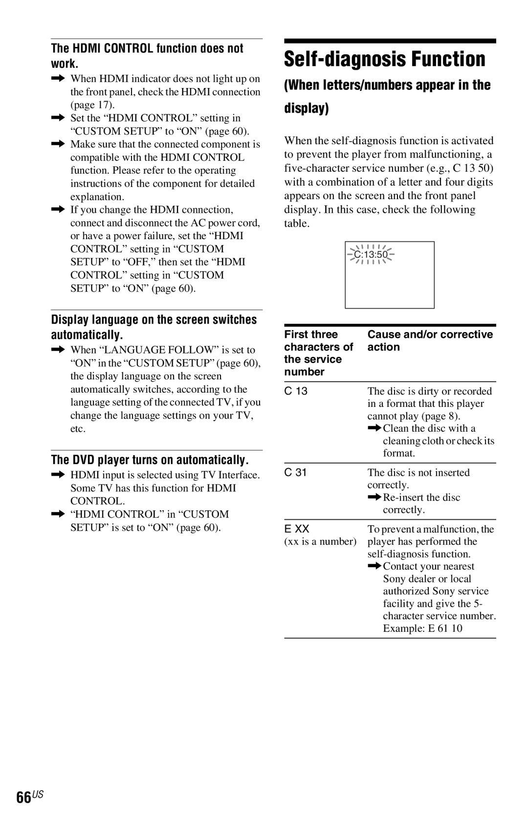 Sony DVP-NS77H operating instructions Self-diagnosis Function, 66US, When letters/numbers appear Display 