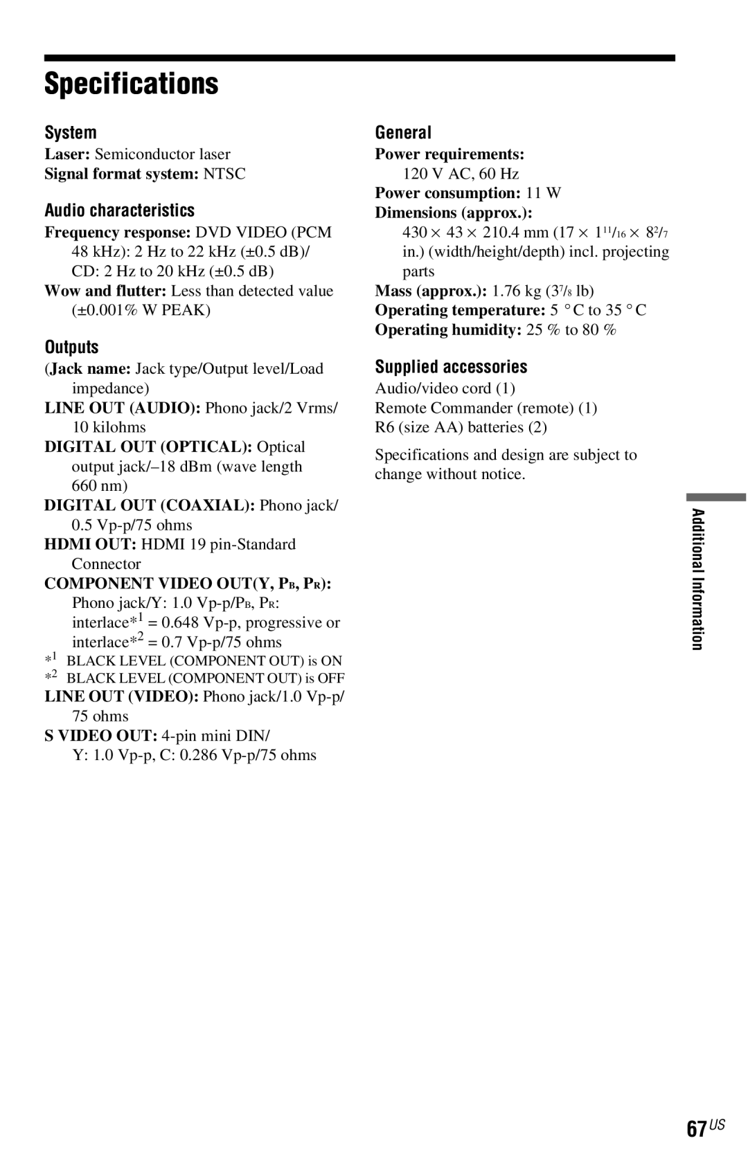 Sony DVP-NS77H operating instructions Specifications, 67US 