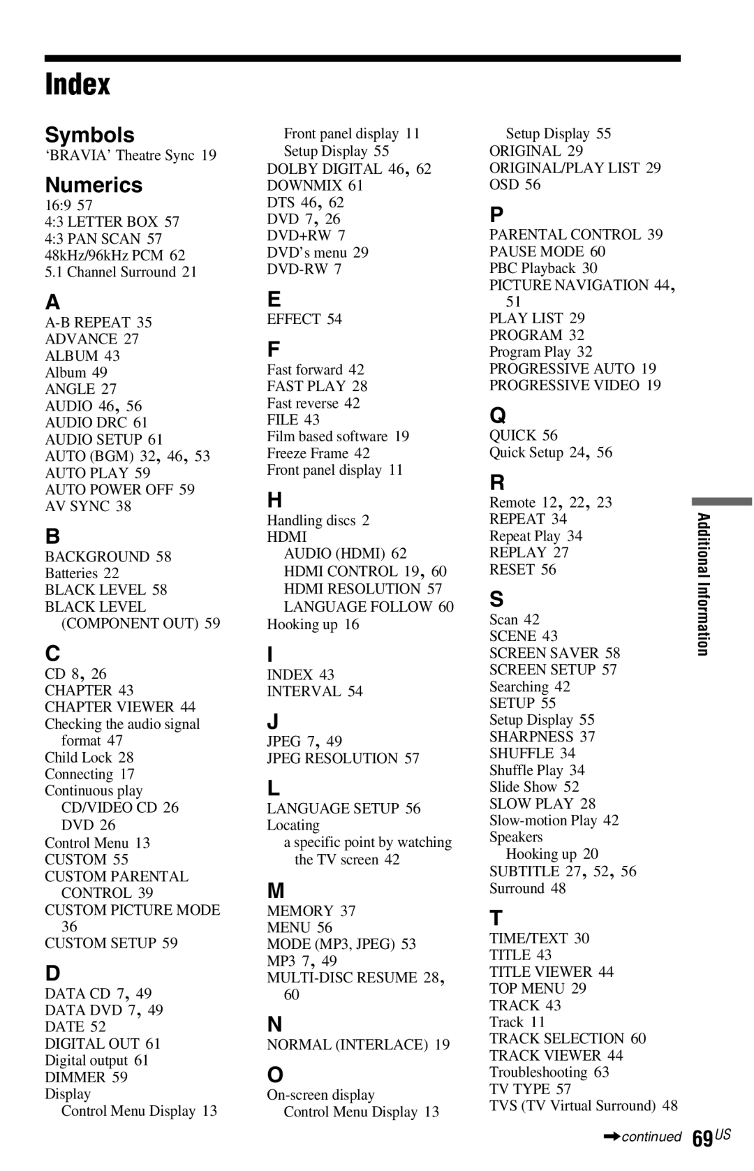 Sony DVP-NS77H operating instructions Index, Symbols, Numerics 