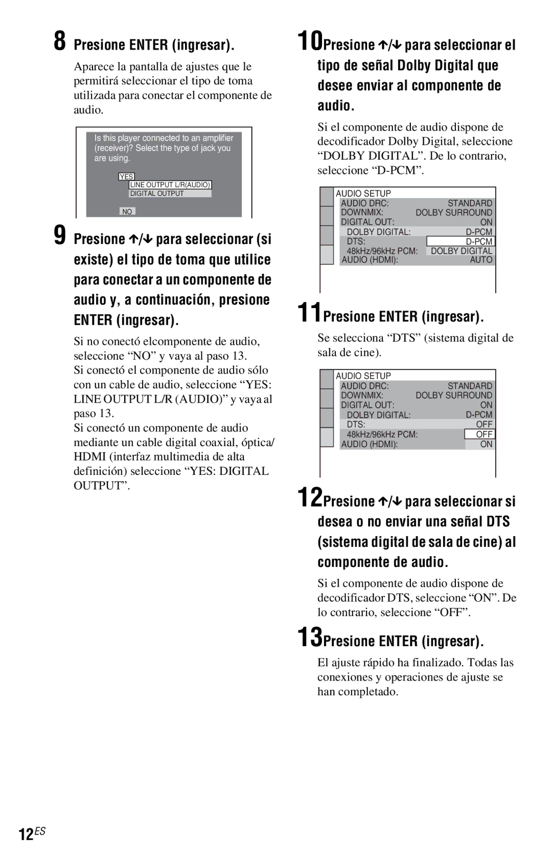 Sony DVP-NS77H operating instructions 12ES, 11Presione Enter ingresar, 13Presione Enter ingresar 