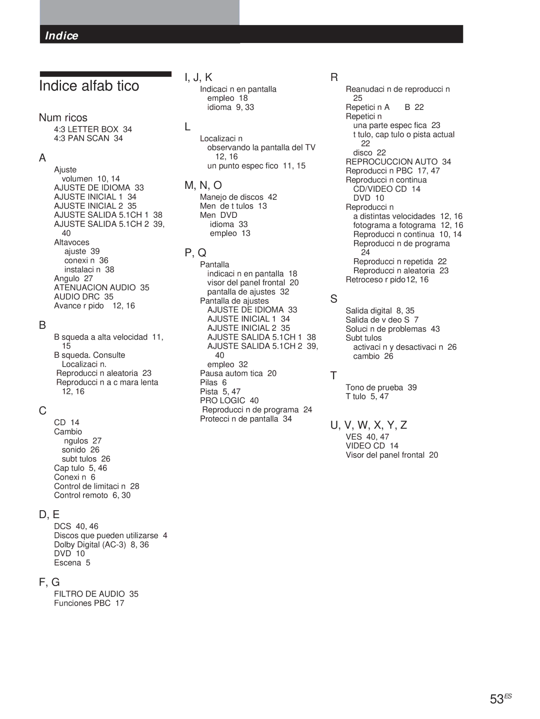 Sony DVP-S500D manual Indice alfabético, 53ES, Numéricos, W, X, Y, Z 