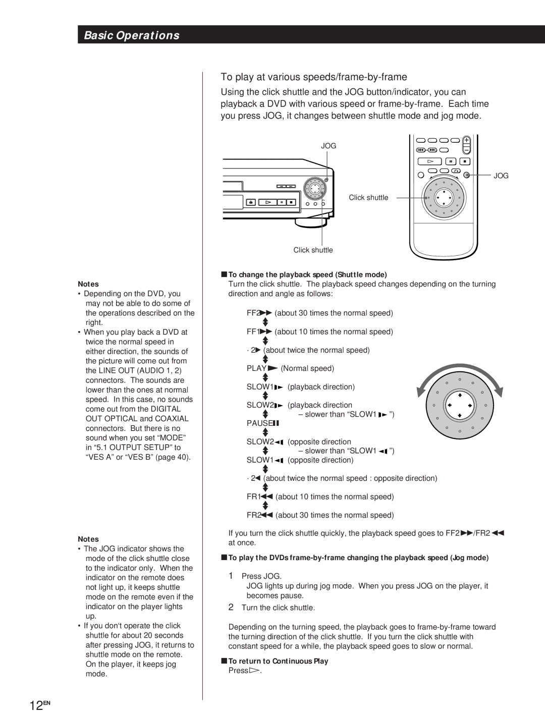 Sony DVP-S500D manual 12EN, Jog, Click shuttle To change the playback speed Shuttle mode, To return to Continuous Play 