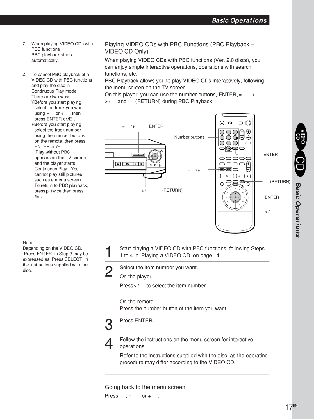 Sony DVP-S500D manual 17EN, =/+ Enter 