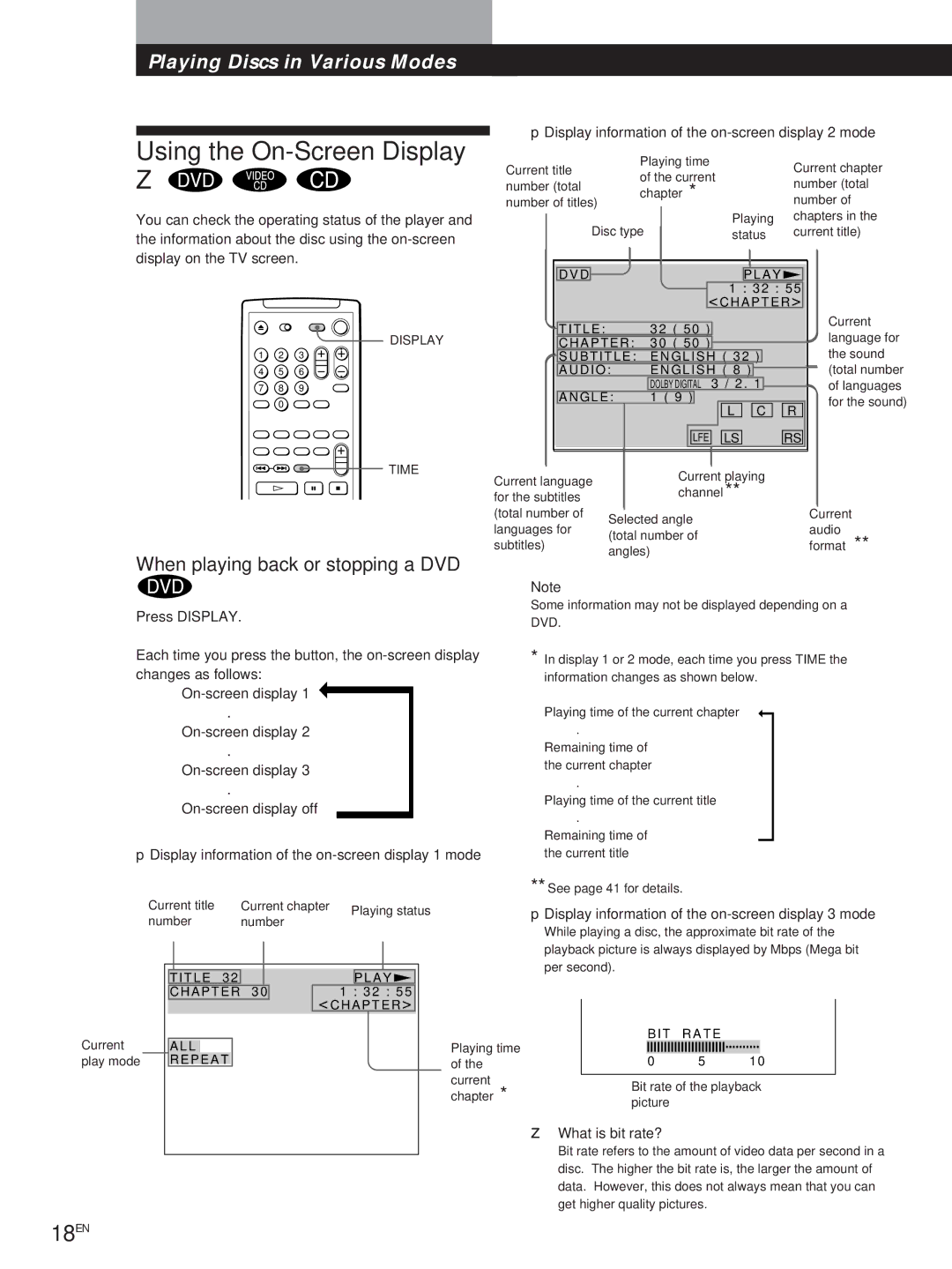 Sony DVP-S500D manual Using the On-Screen Display, 18EN, When playing back or stopping a DVD 