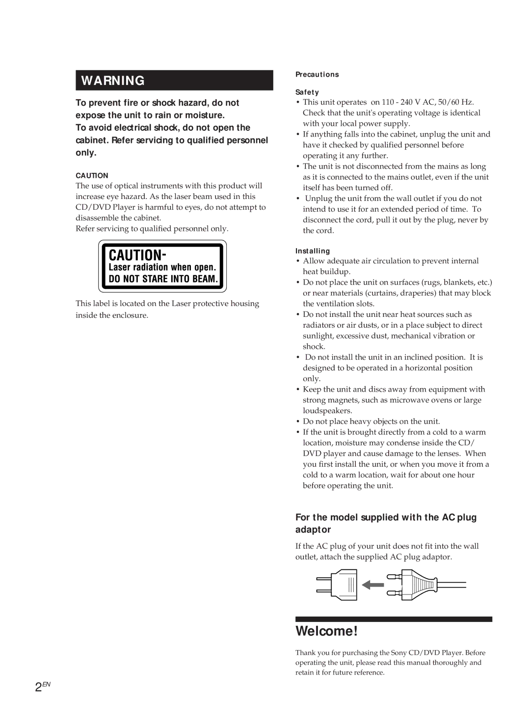 Sony DVP-S500D manual Welcome, For the model supplied with the AC plug adaptor, Precautions Safety, Installing 