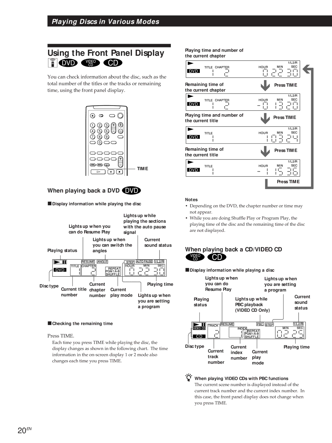 Sony DVP-S500D manual Using the Front Panel Display, 20EN, When playing back a DVD, When playing back a CD/VIDEO CD 