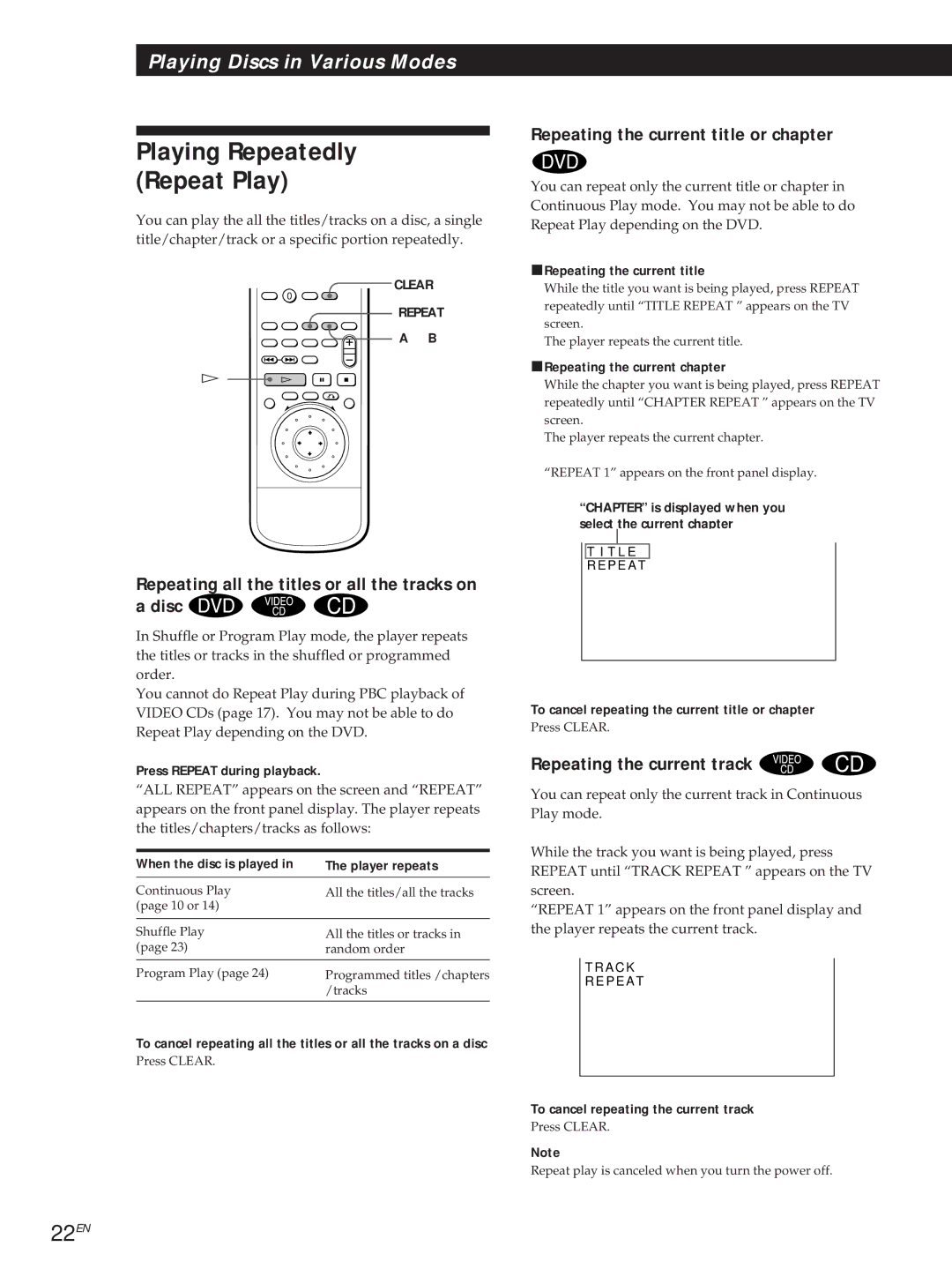 Sony DVP-S500D Playing Repeatedly Repeat Play, 22EN, Repeating the current title or chapter, Repeating the current track 