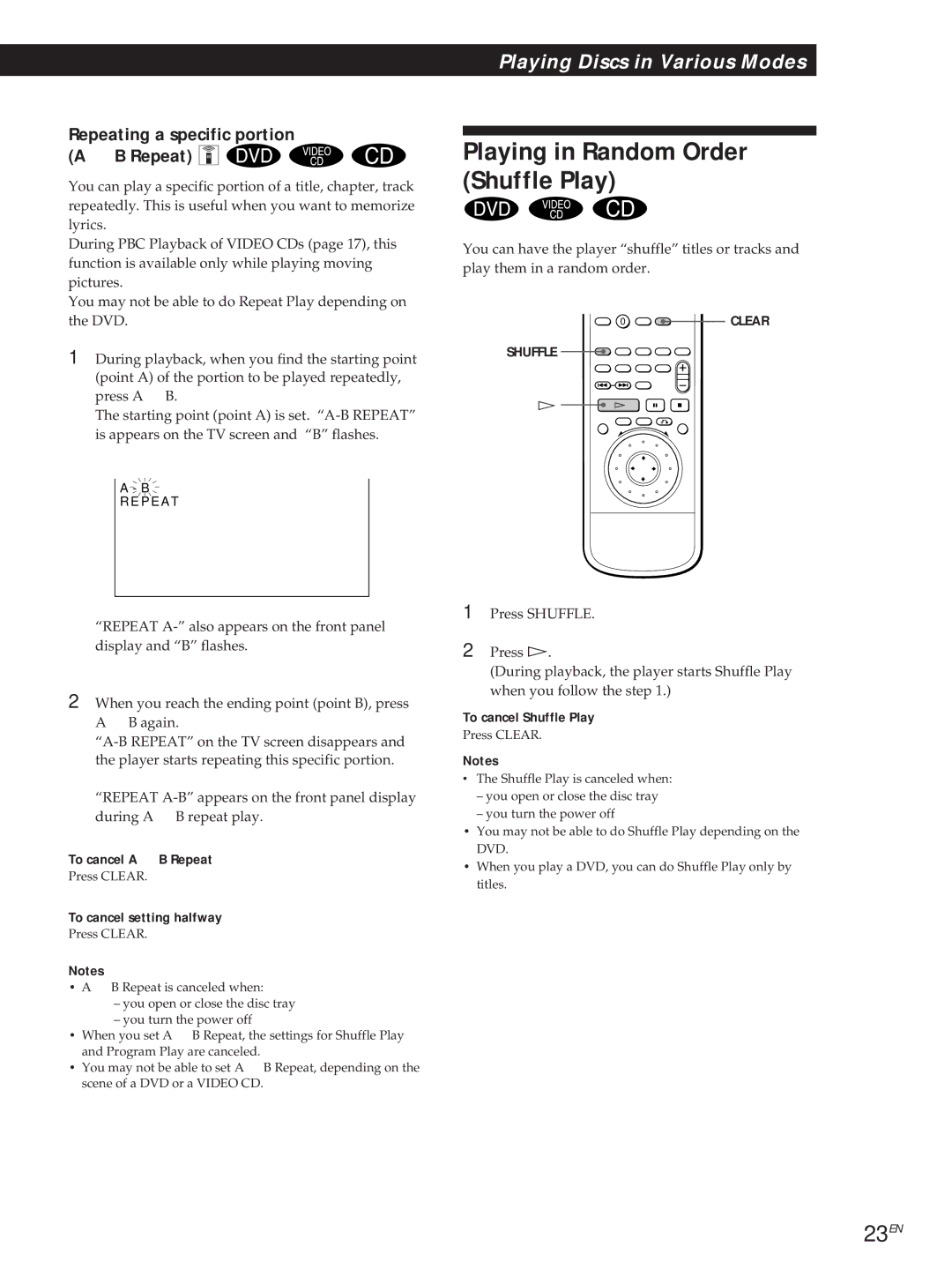 Sony DVP-S500D manual Playing in Random Order Shuffle Play, 23EN, Repeating a specific portion A÷B Repeat Z 