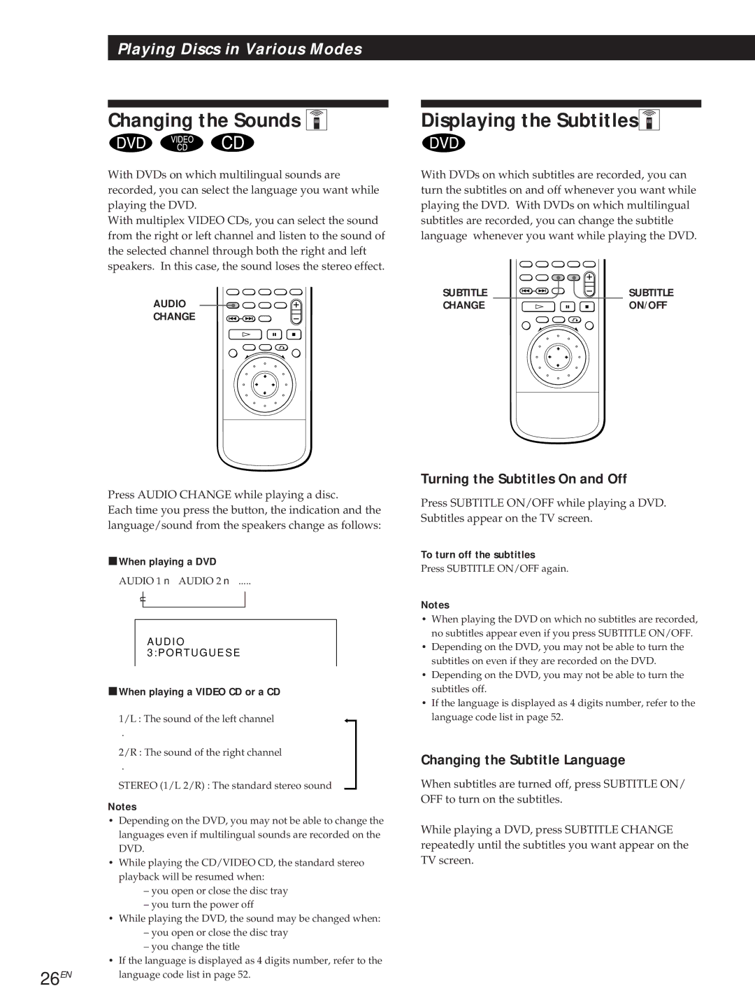 Sony DVP-S500D manual Changing the Sounds Z, Displaying the SubtitlesZ, Turning the Subtitles On and Off 