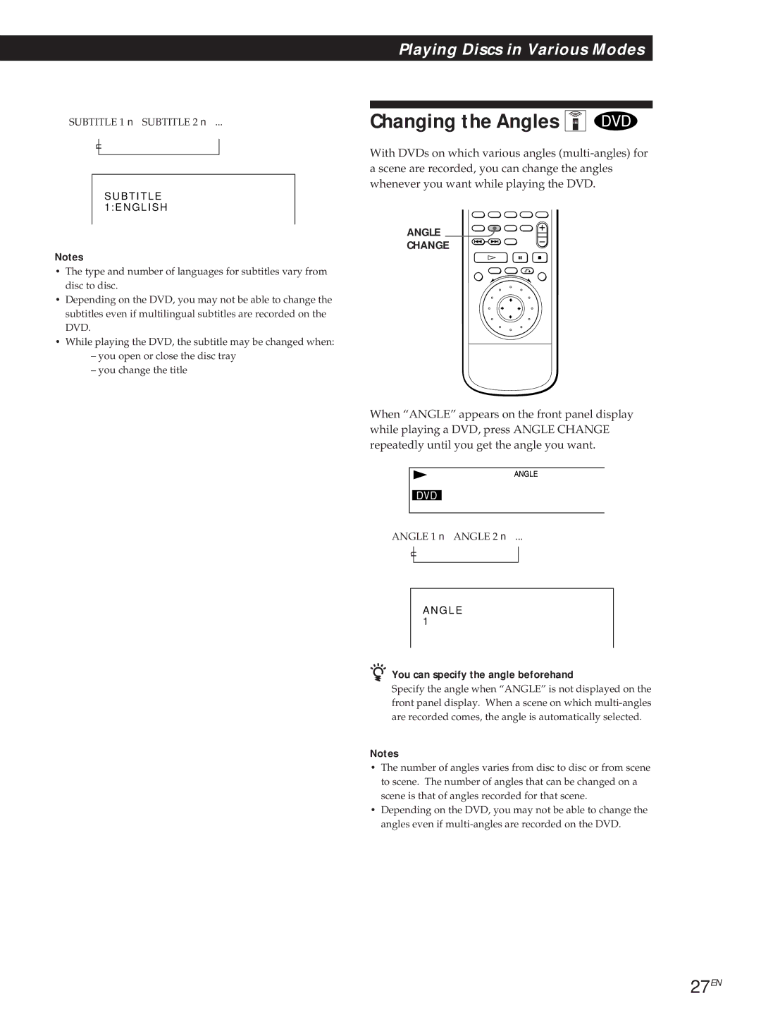 Sony DVP-S500D manual Changing the Angles Z, 27EN, You can specify the angle beforehand 