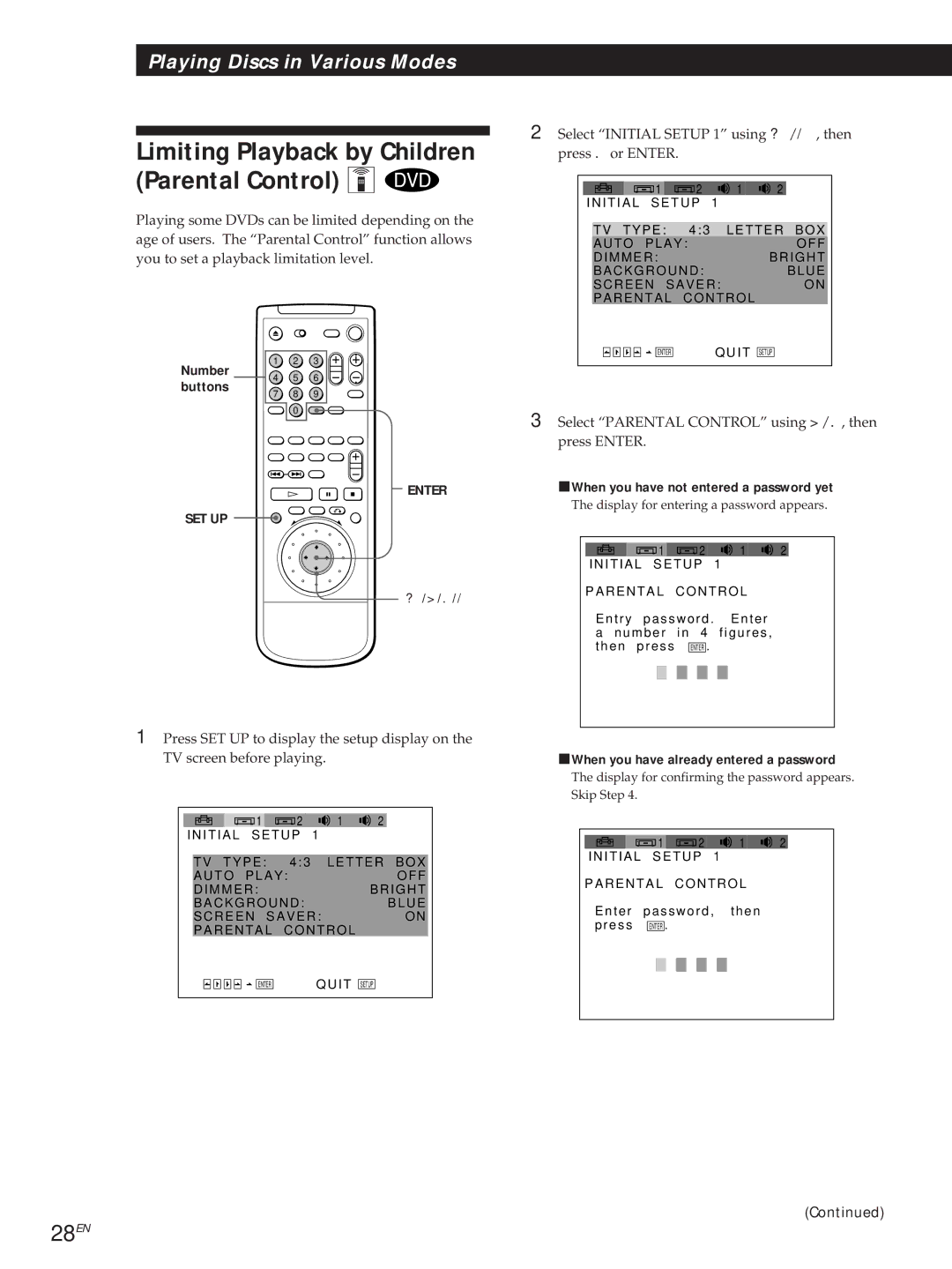 Sony DVP-S500D 28EN, Select Initial Setup 1 using ?//, then press .or Enter, PWhen you have not entered a password yet 