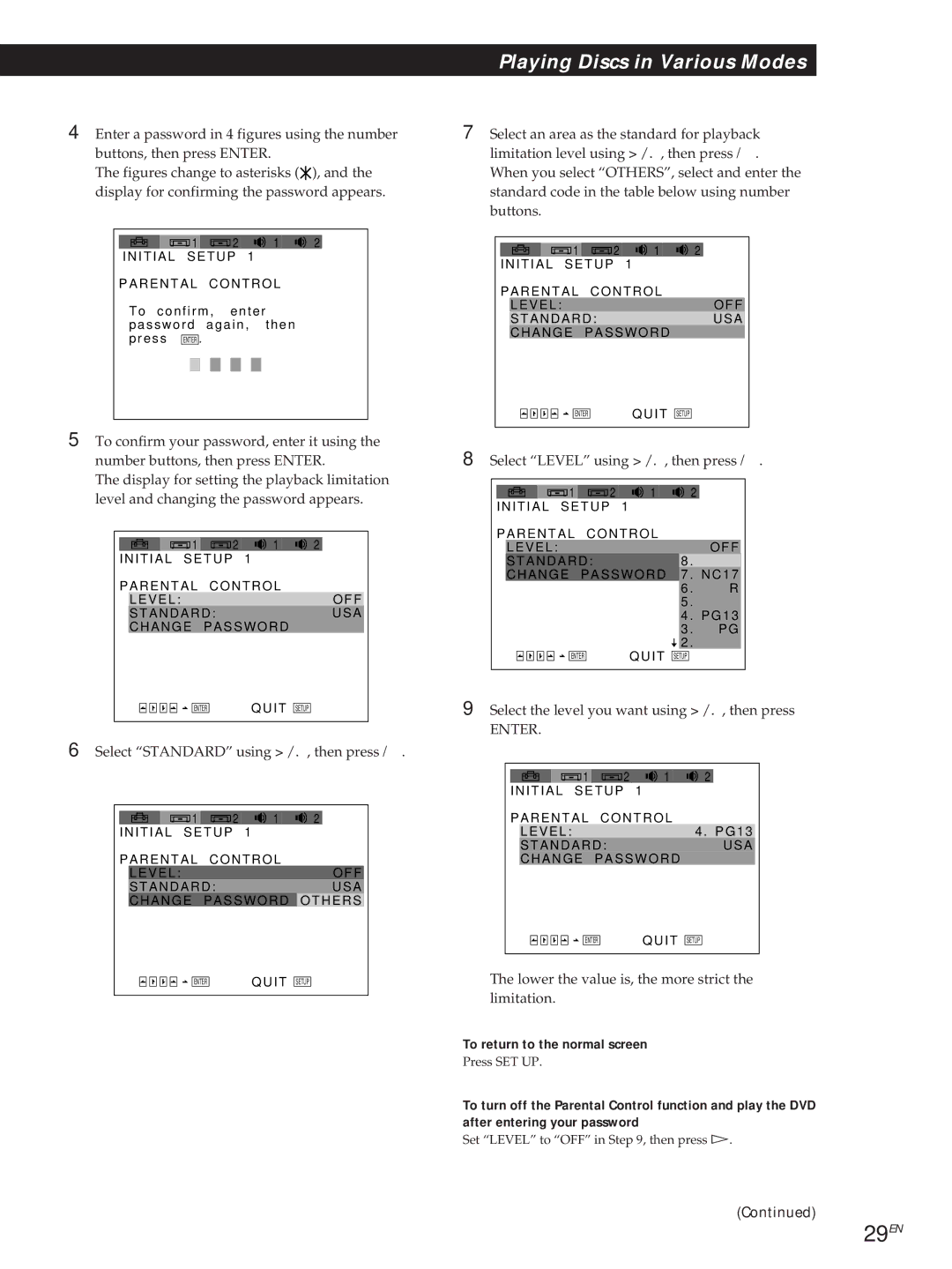 Sony DVP-S500D manual 29EN, To return to the normal screen 