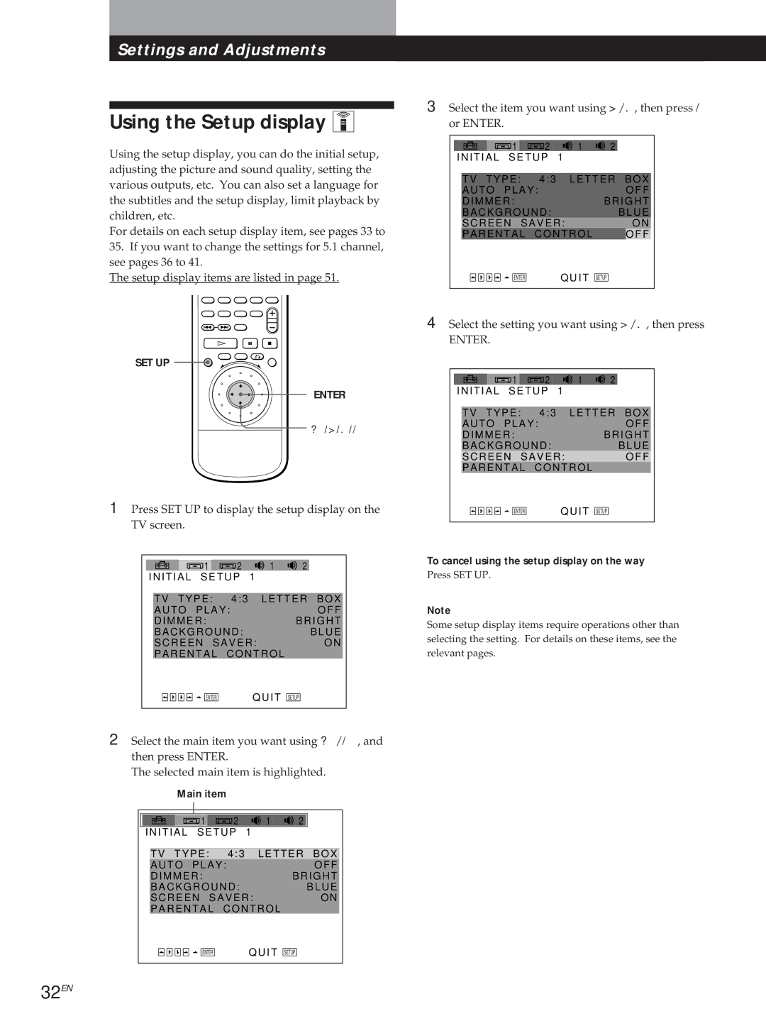 Sony DVP-S500D manual Using the Setup display Z, 32EN, Press SET UP to display the setup display on the TV screen 