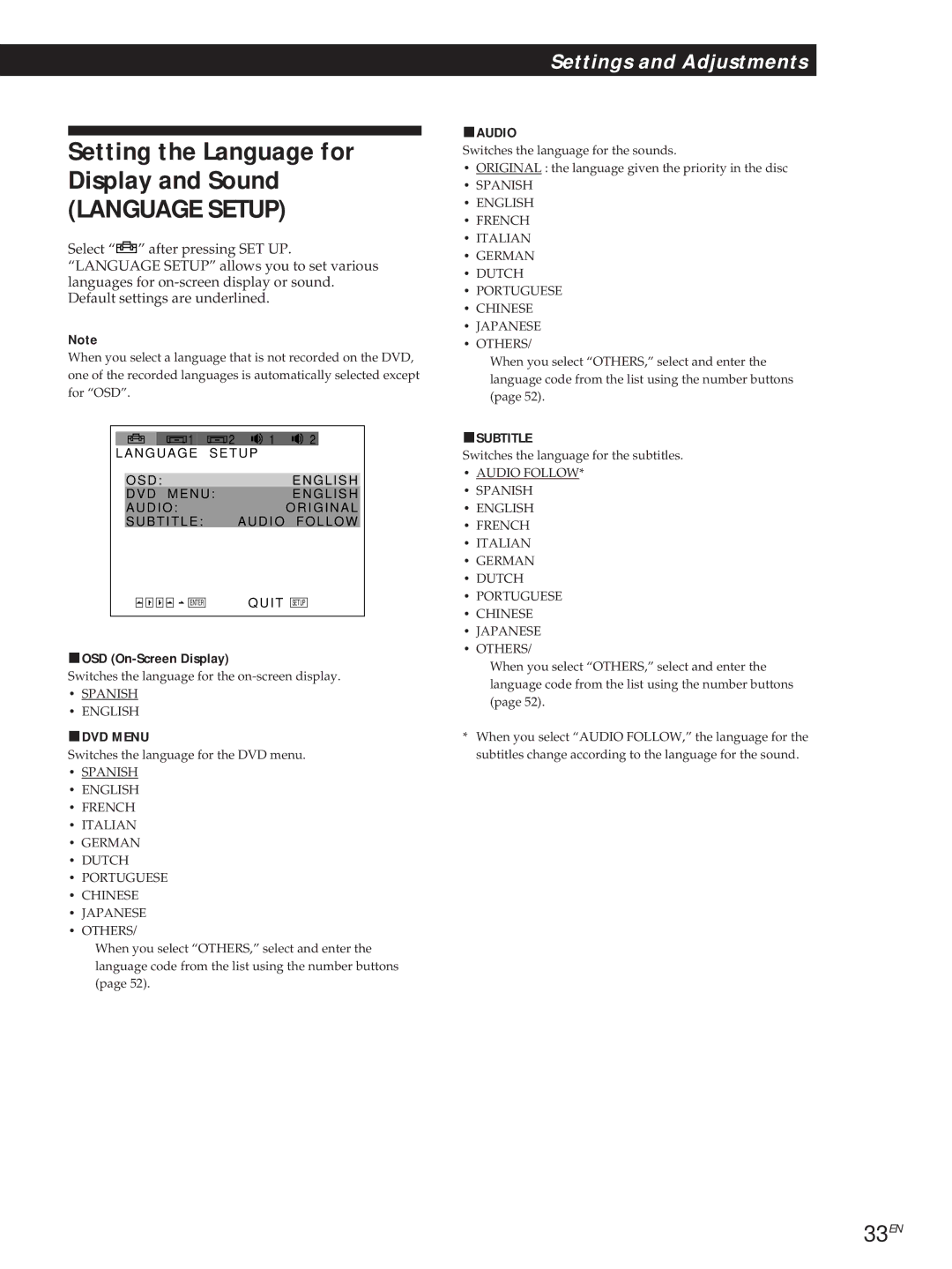 Sony DVP-S500D manual Setting the Language for Display and Sound, 33EN 