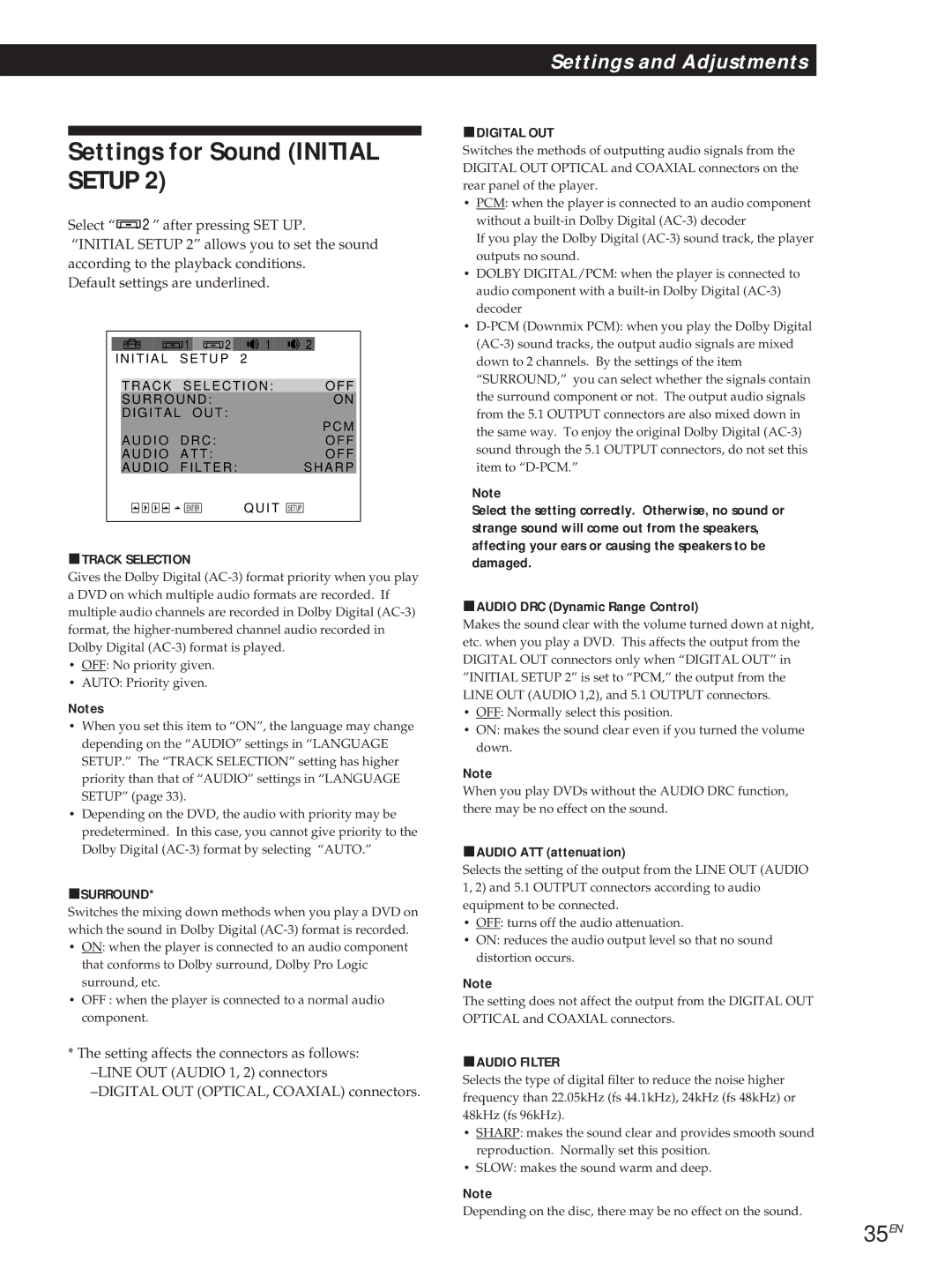 Sony DVP-S500D manual Settings for Sound Initial Setup, 35EN 