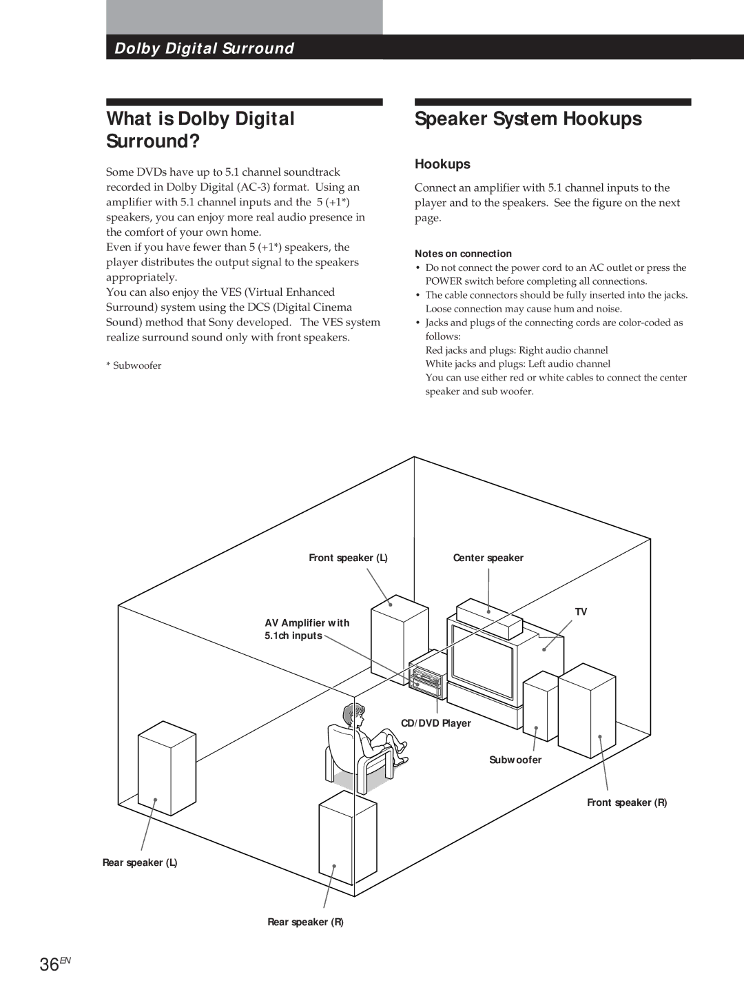 Sony DVP-S500D manual What is Dolby Digital Surround?, Speaker System Hookups, 36EN 