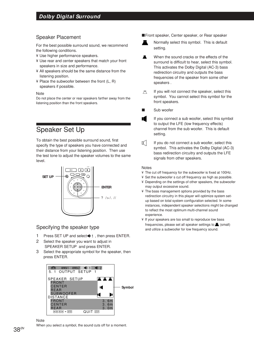 Sony DVP-S500D manual Speaker Set Up, 38EN, Speaker Placement, Specifying the speaker type 