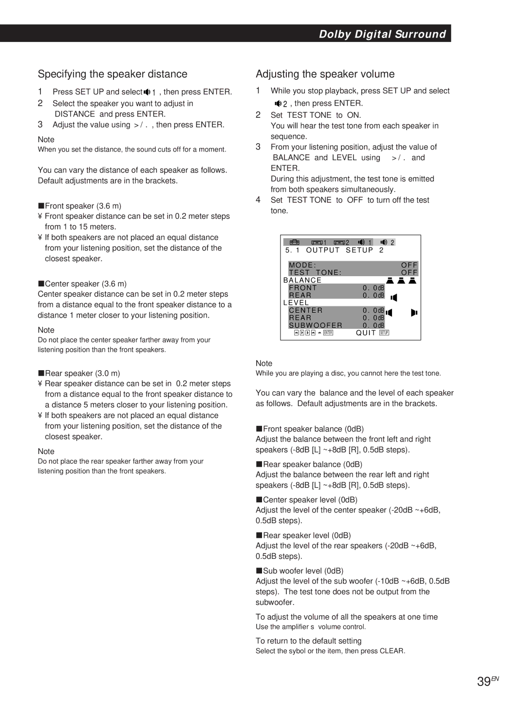 Sony DVP-S500D manual 39EN, Specifying the speaker distance, Adjusting the speaker volume 