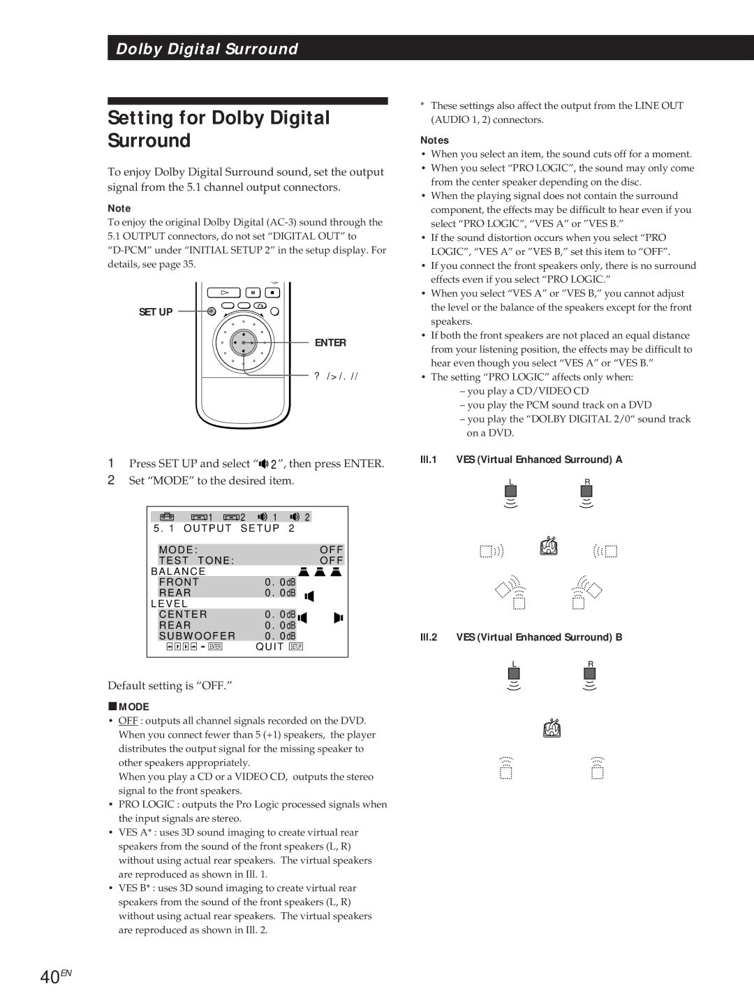 Sony DVP-S500D manual Setting for Dolby Digital Surround, 40EN, Default setting is OFF, Pmode 