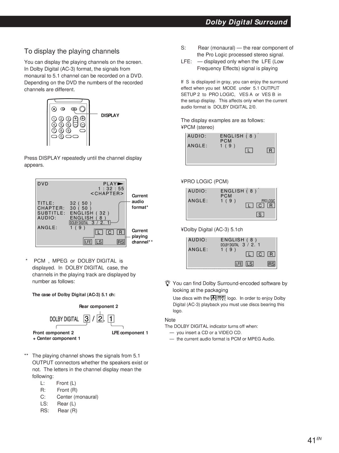 Sony DVP-S500D manual 41EN, To display the playing channels, Press Display repeatedly until the channel display appears 