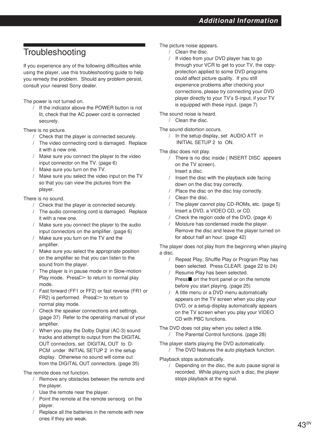 Sony DVP-S500D manual Troubleshooting, 43EN 