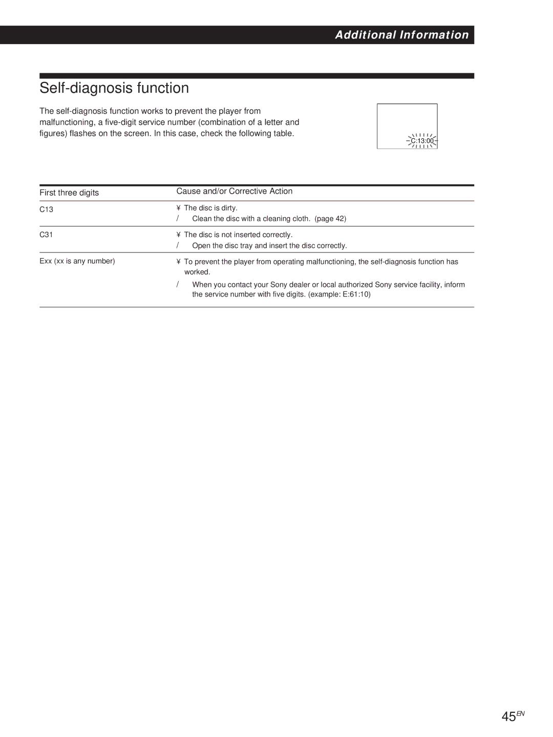 Sony DVP-S500D manual Self-diagnosis function, 45EN, First three digits 