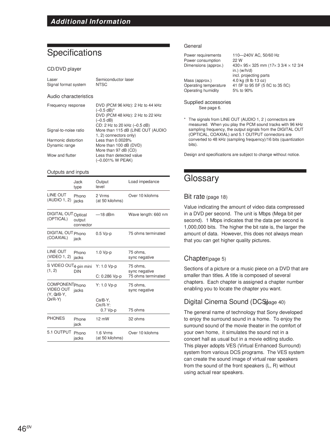 Sony DVP-S500D manual Specifications, Glossary, 46EN 