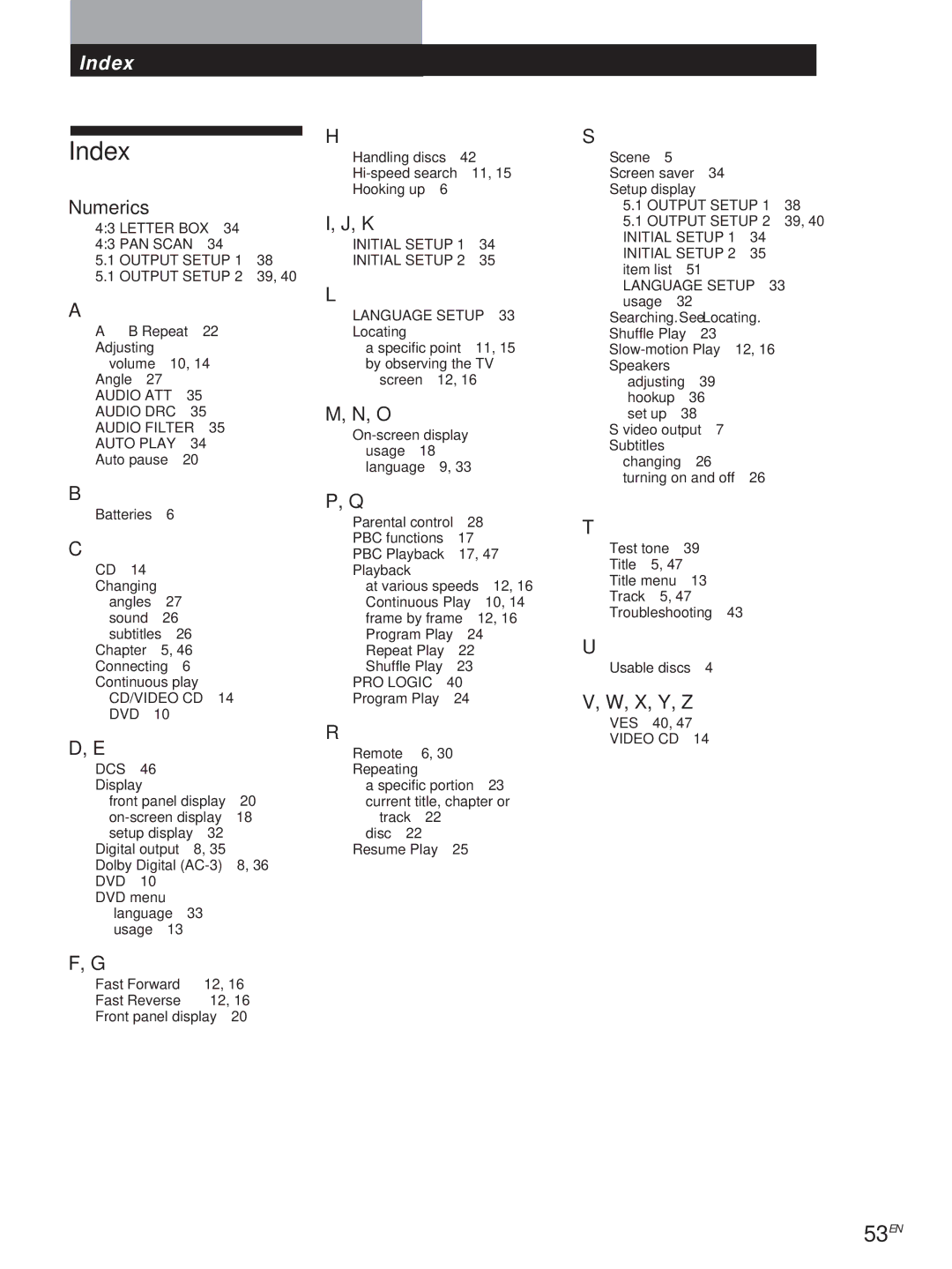 Sony DVP-S500D manual Index, 53EN, Numerics, X, Y, Z 