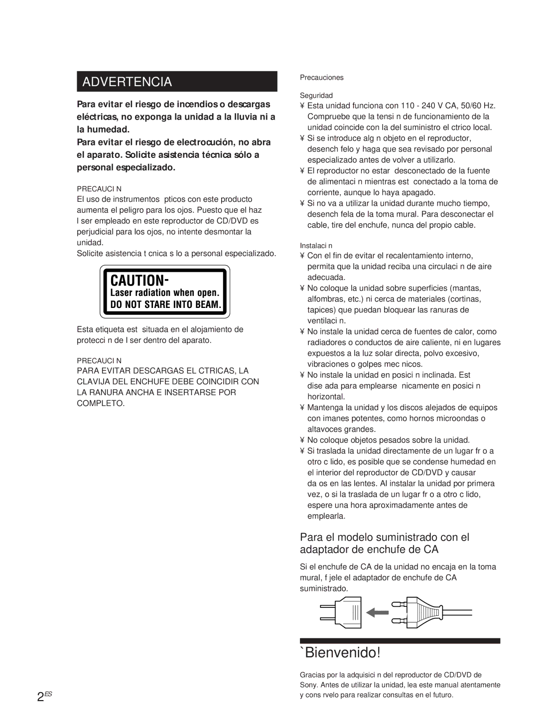 Sony DVP-S500D manual ¡Bienvenido, Precaución, Precauciones Seguridad, Instalación 