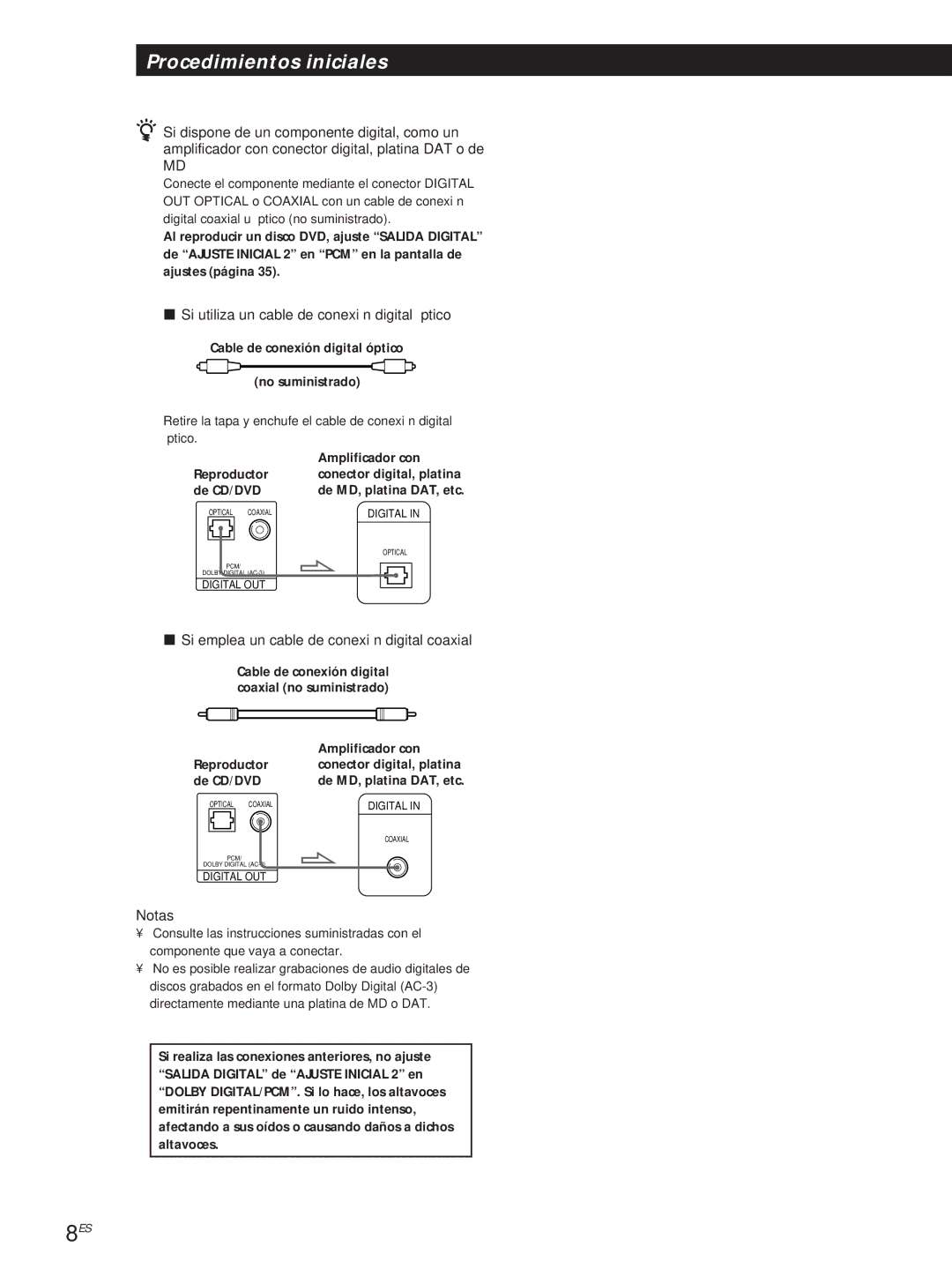 Sony DVP-S500D manual Si utiliza un cable de conexión digital óptico, Si emplea un cable de conexión digital coaxial 