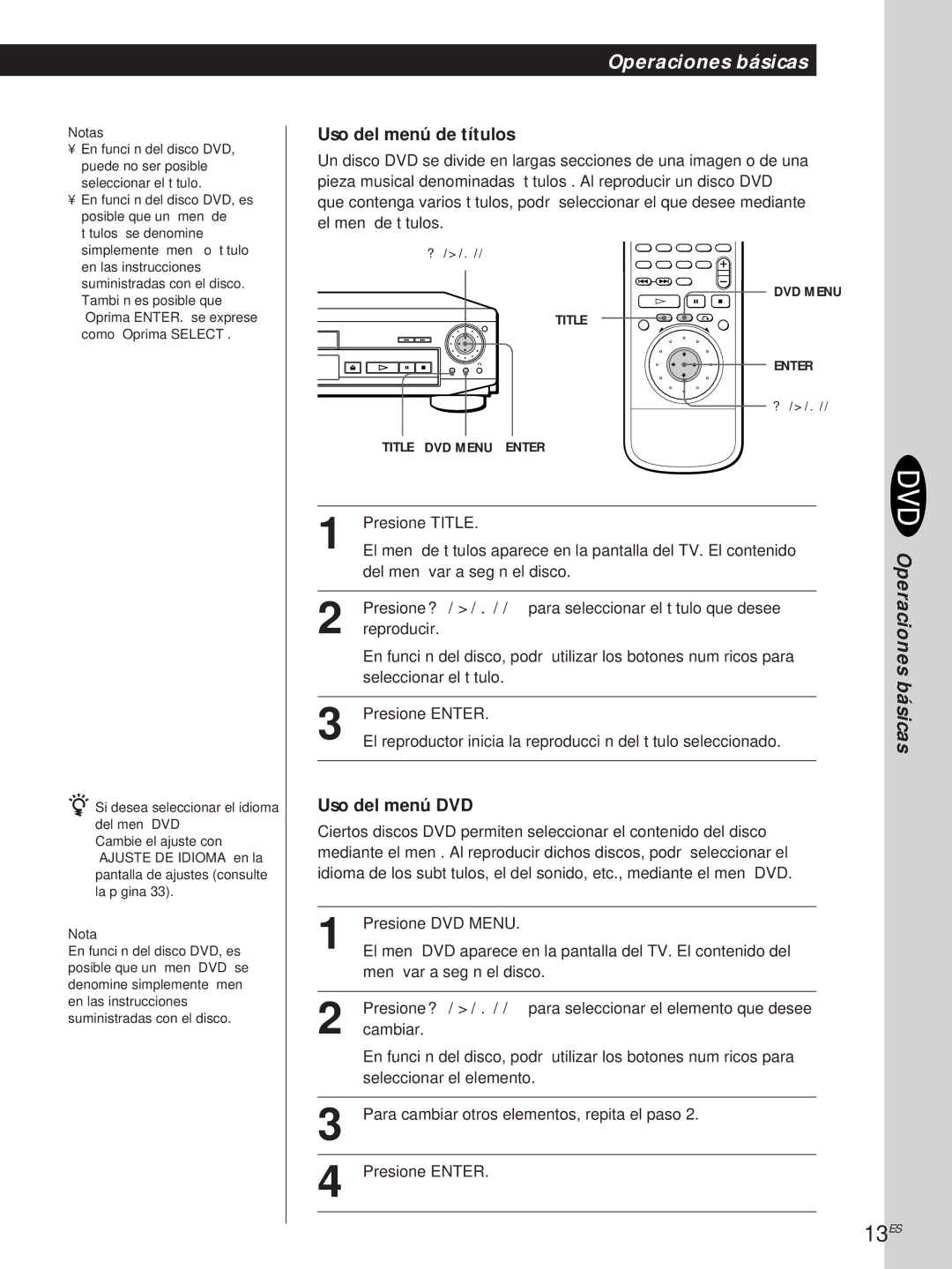 Sony DVP-S500D manual 13ES, Si desea seleccionar el idioma, Del menú DVD 