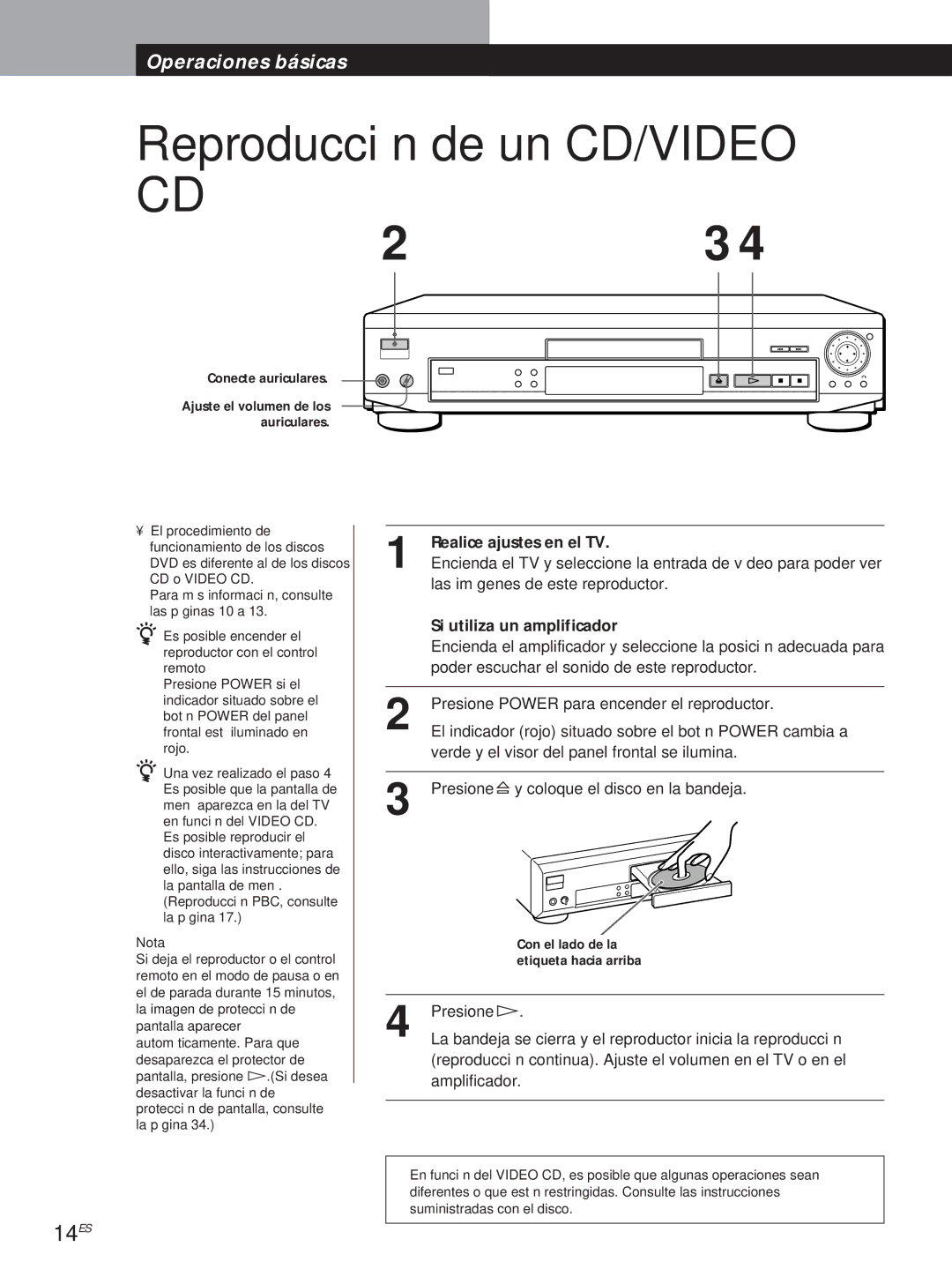 Sony DVP-S500D manual 14ES, Con el lado de la, Etiqueta hacia arriba 