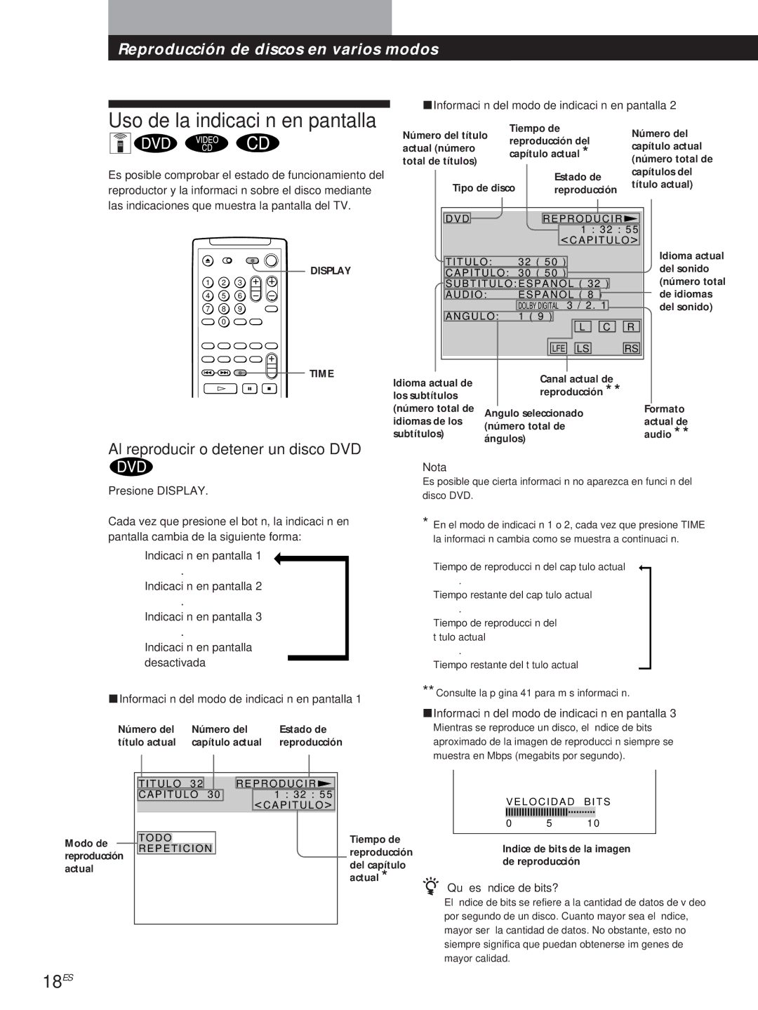 Sony DVP-S500D manual 18ES, Al reproducir o detener un disco DVD, PInformación del modo de indicación en pantalla 