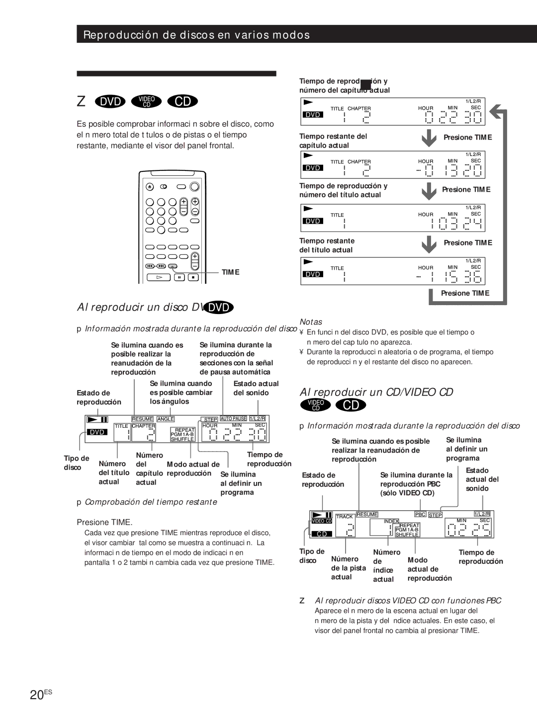 Sony DVP-S500D manual Uso del visor del panel frontal, 20ES, Al reproducir un disco DVD, Al reproducir un CD/VIDEO CD 