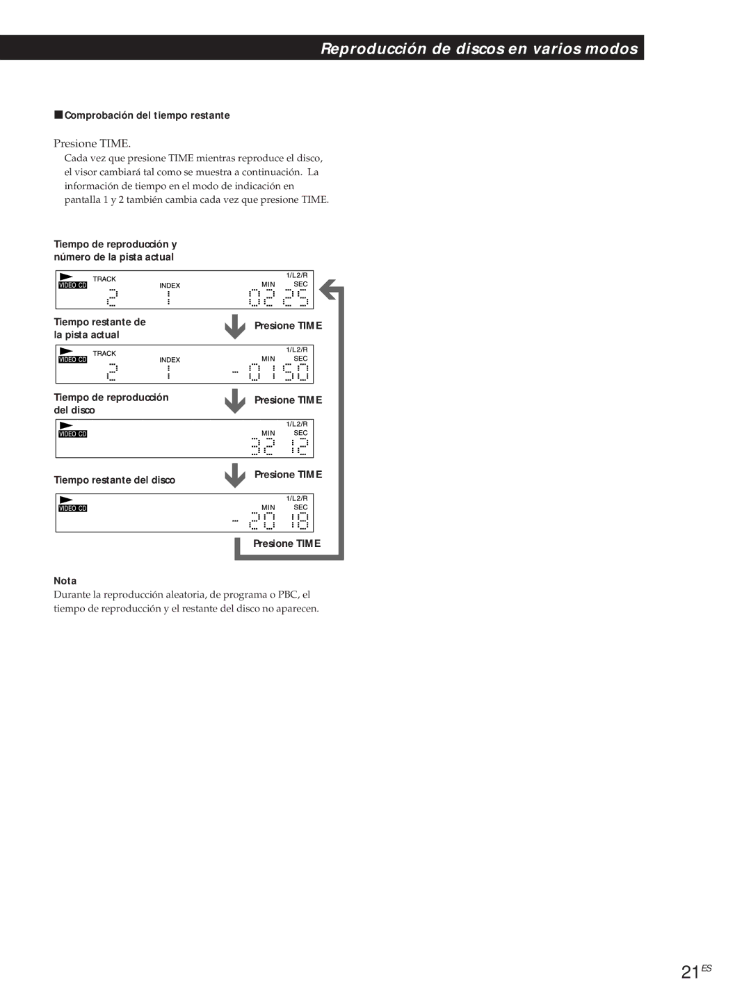 Sony DVP-S500D manual 21ES, La pista actual, Tiempo de reproducción, Del disco Tiempo restante del disco 