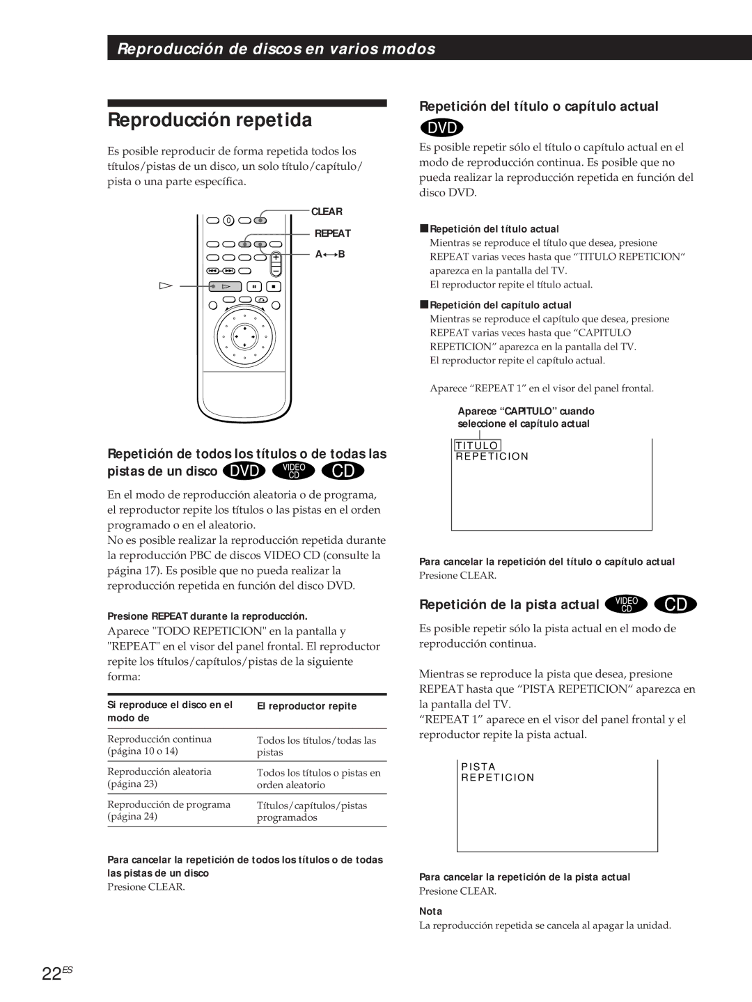 Sony DVP-S500D manual Reproducción repetida, 22ES, Repetición del título o capítulo actual, Repetición de la pista actual 