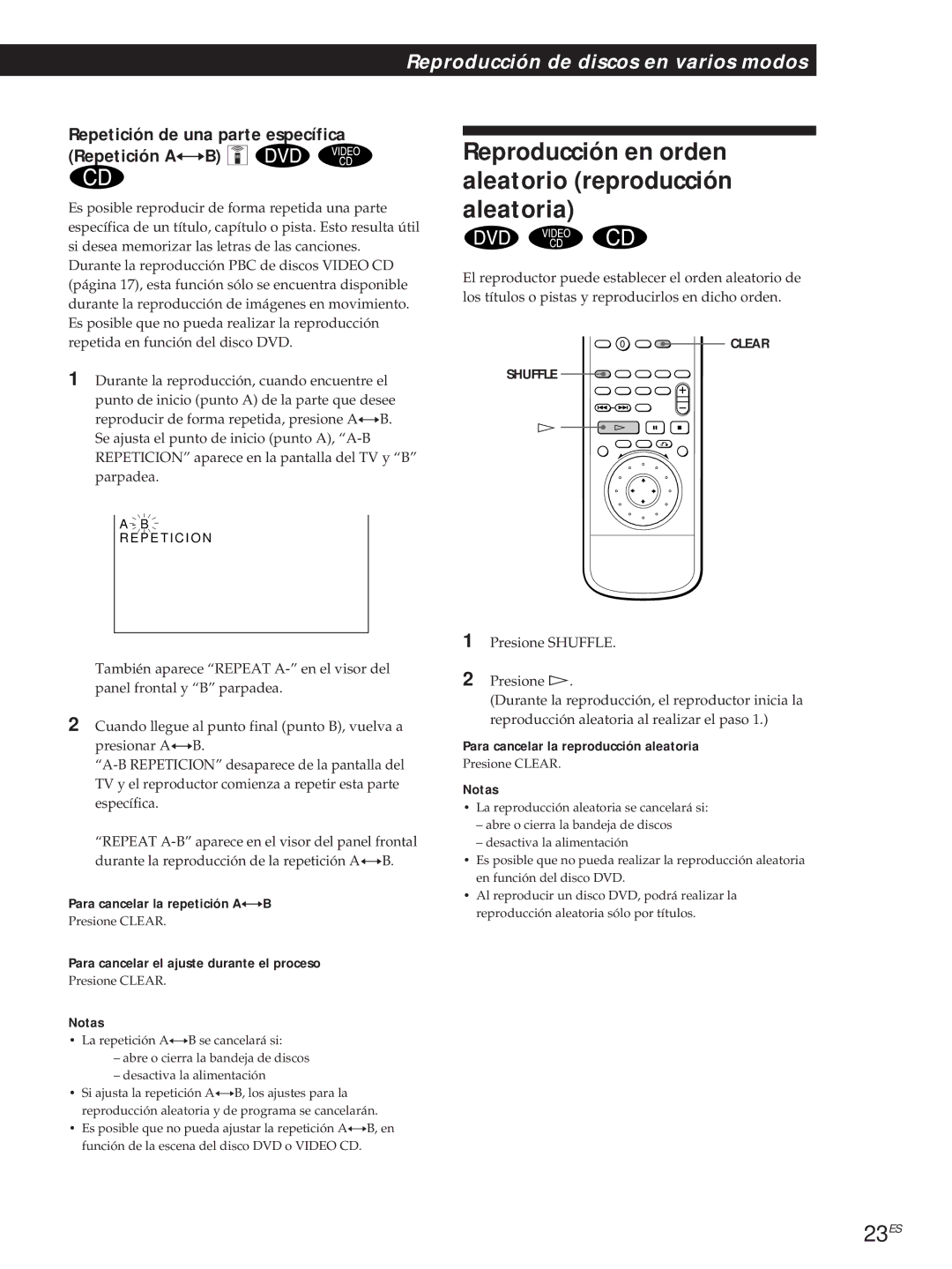 Sony DVP-S500D manual 23ES, Para cancelar la repetición A÷B, Para cancelar el ajuste durante el proceso 