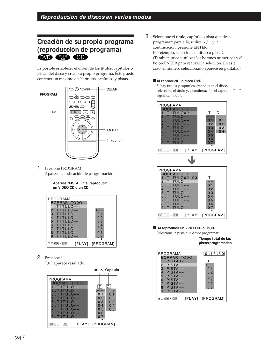 Sony DVP-S500D manual 24ES, Presione Program Aparece la indicación de programación, PAl reproducir un disco DVD 