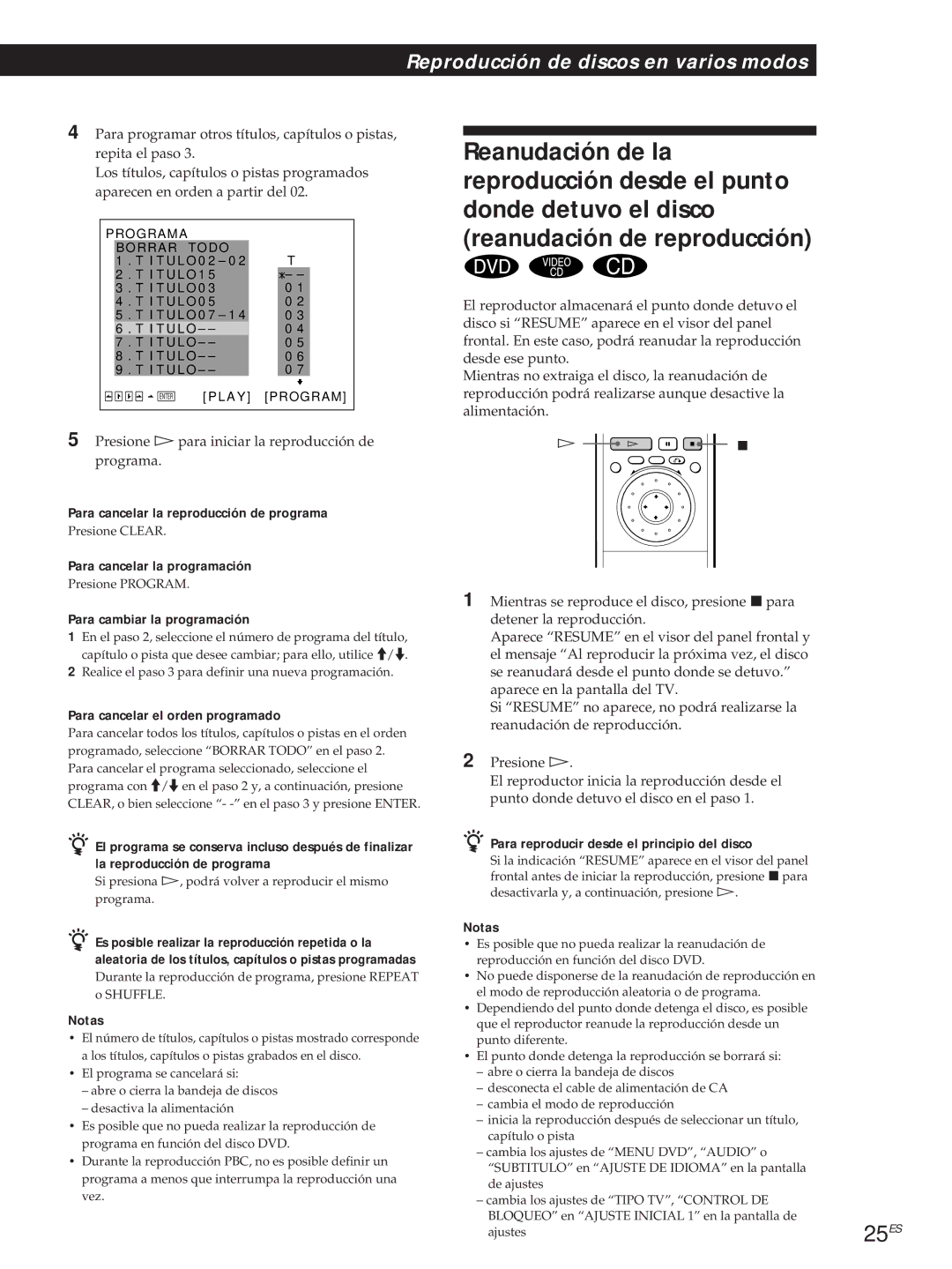 Sony DVP-S500D Para cancelar la reproducción de programa, Para cancelar la programación, Para cambiar la programación 